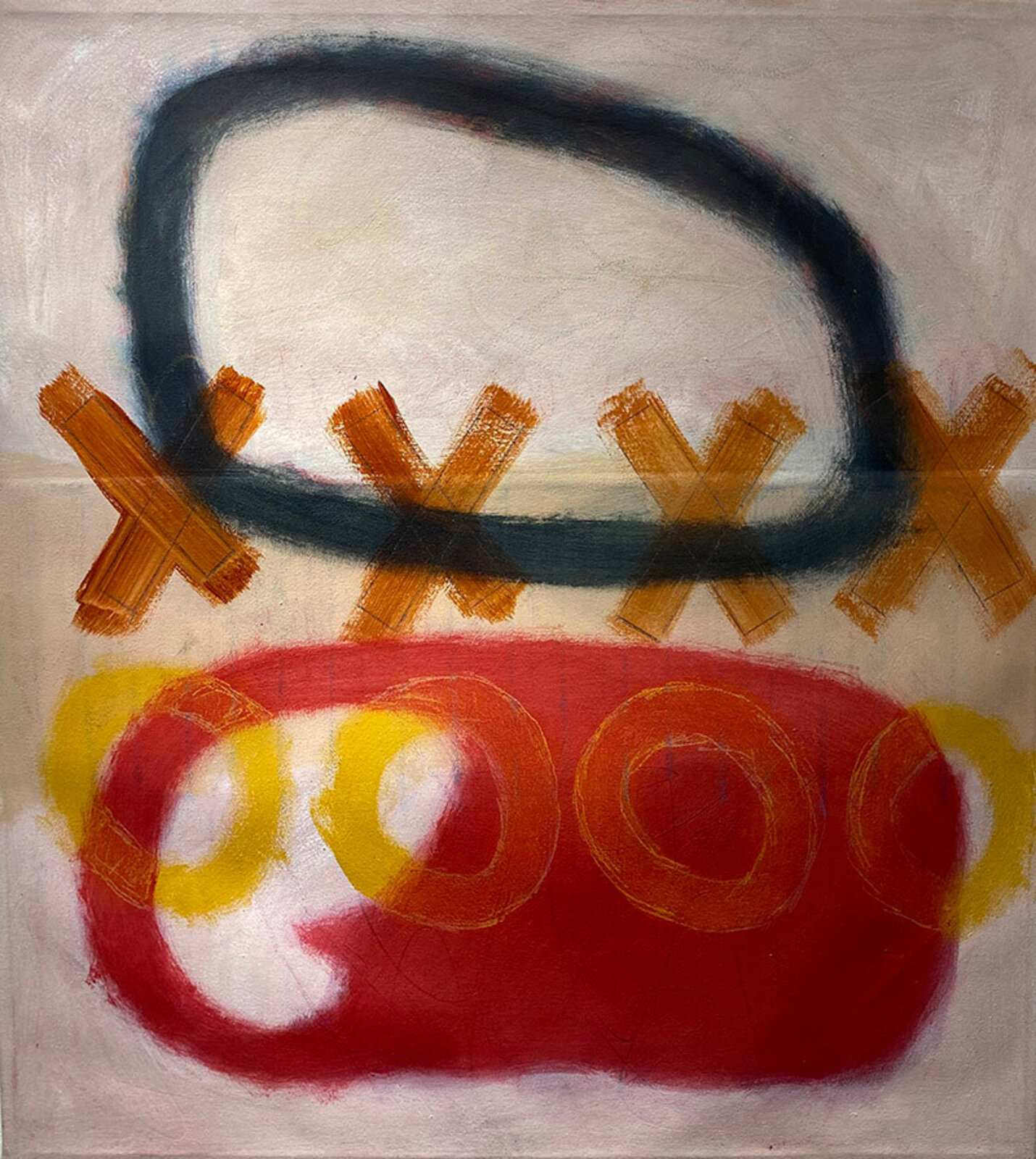 A painting of a red and yellow abstract painting on a white background.