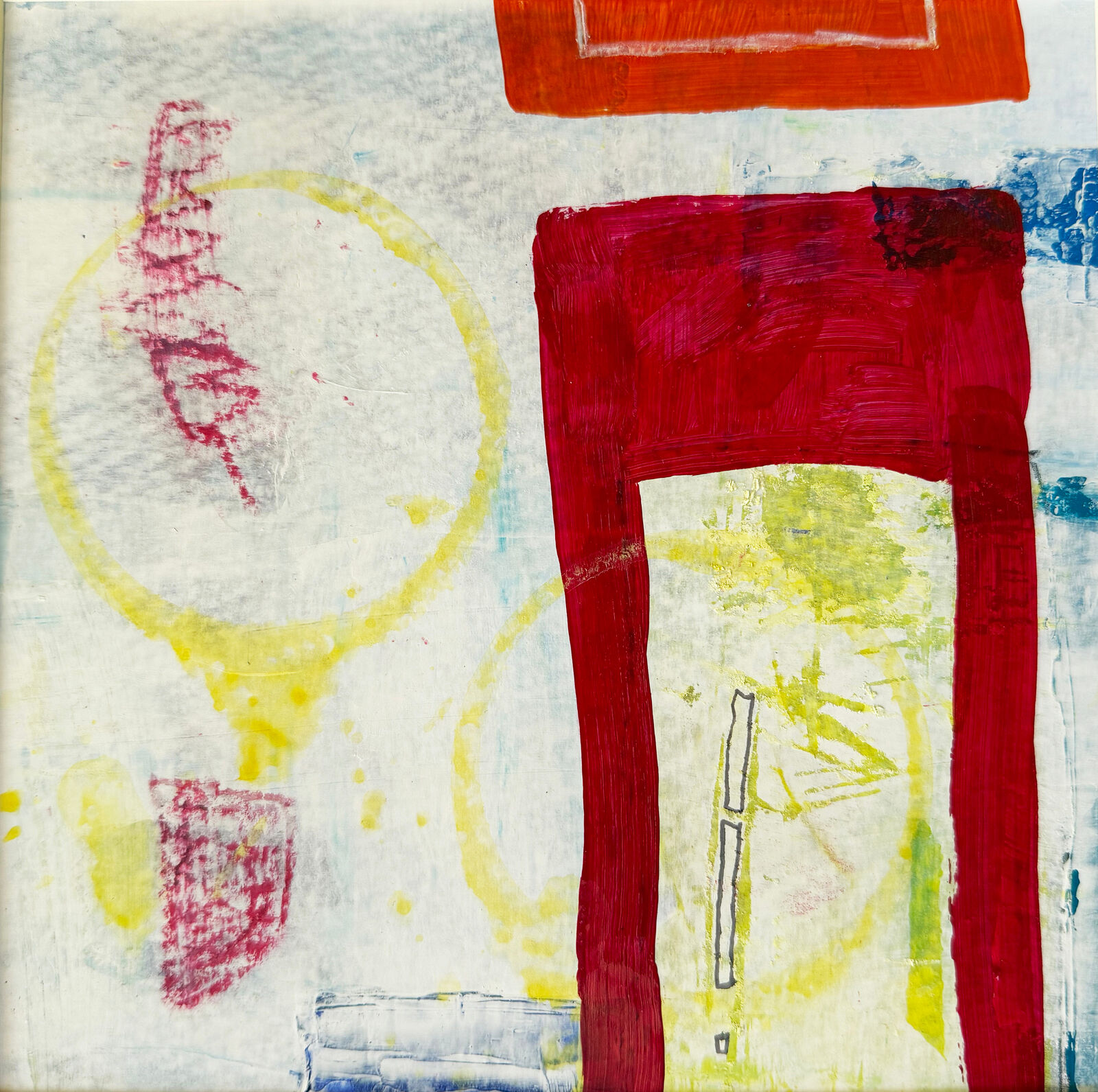 A mixed media artwork featuring a bold red chair-like form against a textured, abstract background of yellow circles and blue washes.