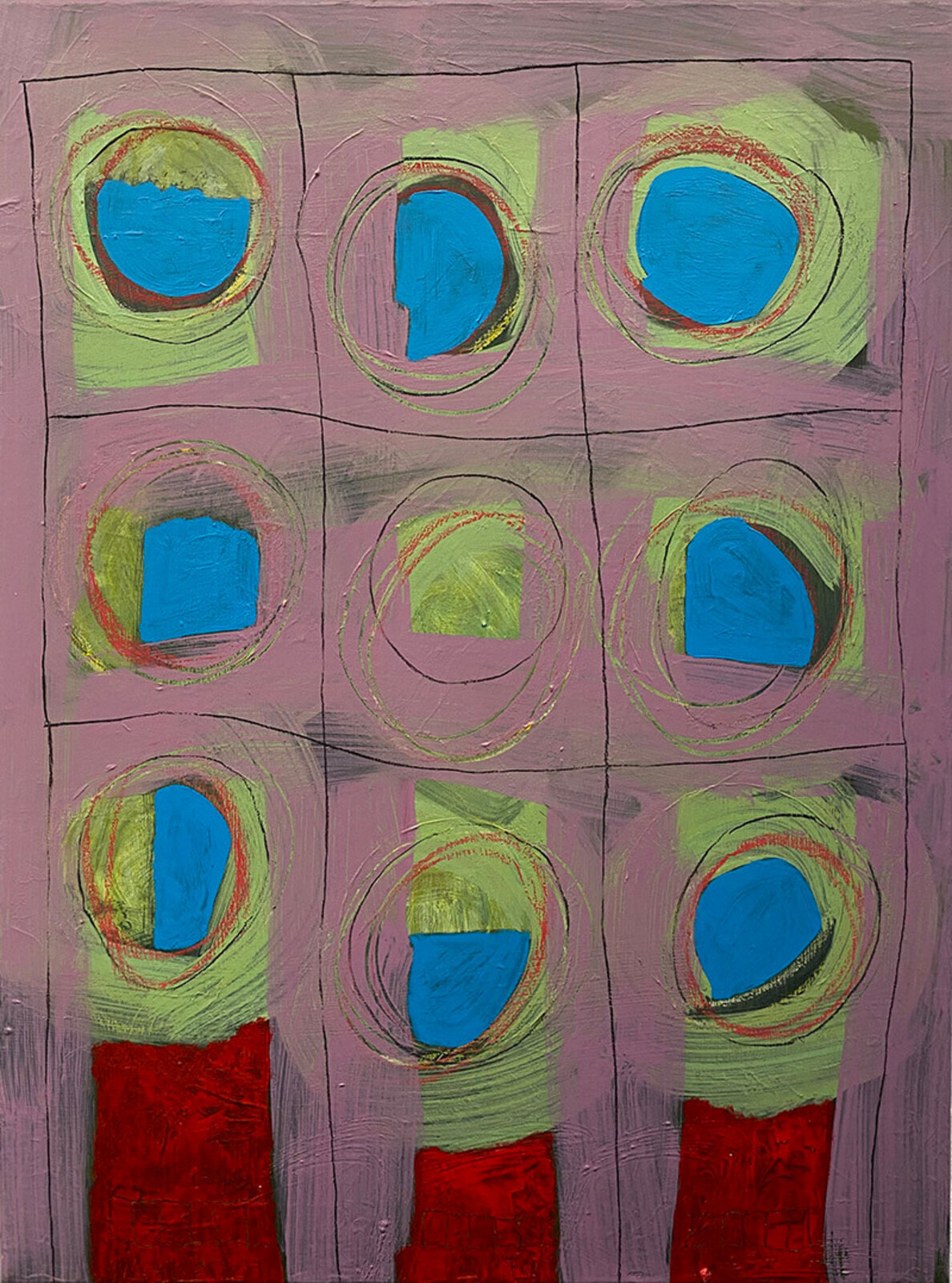 A painting of a pink background with blue and green circles.
