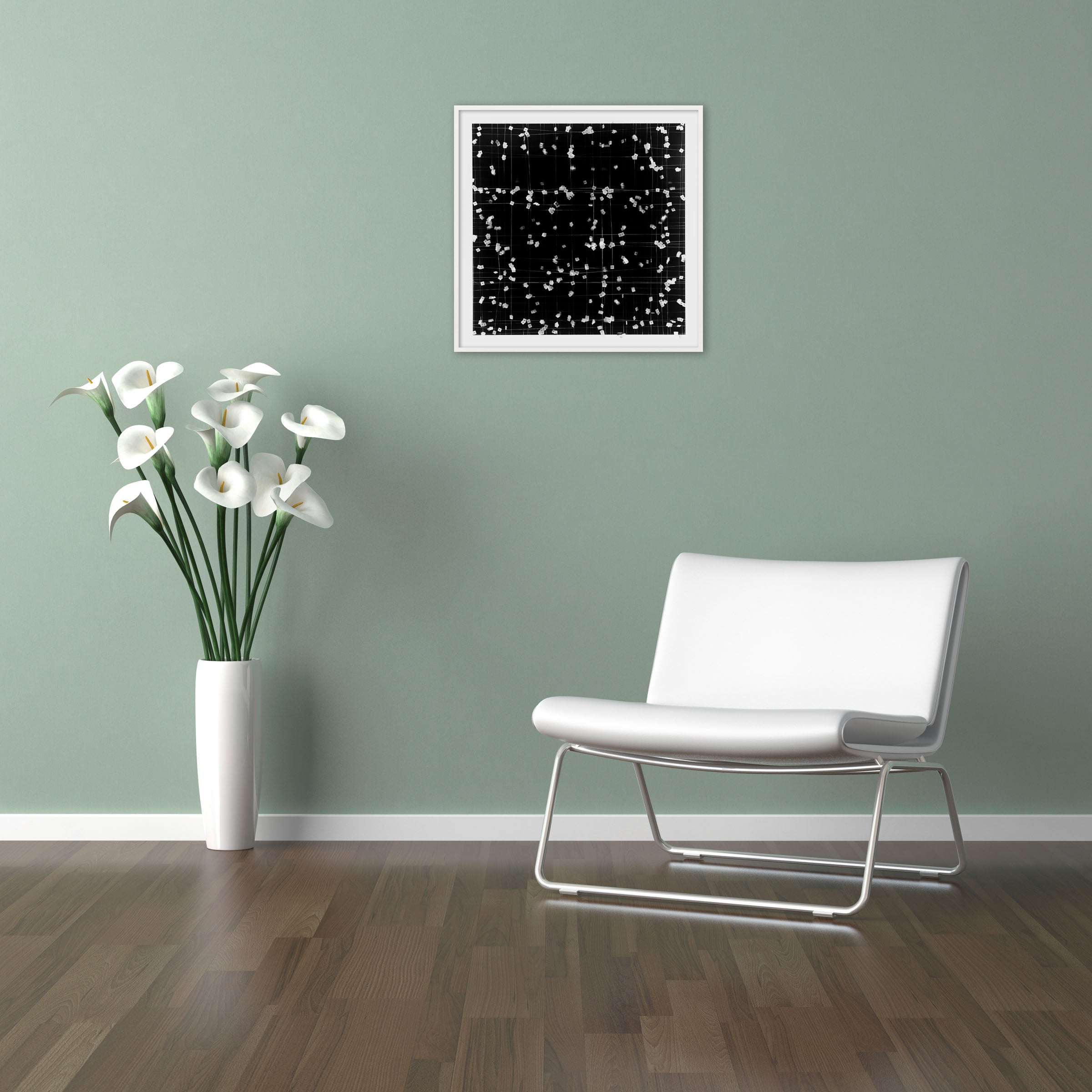 A black and white photo of confetti falling from the ceiling.