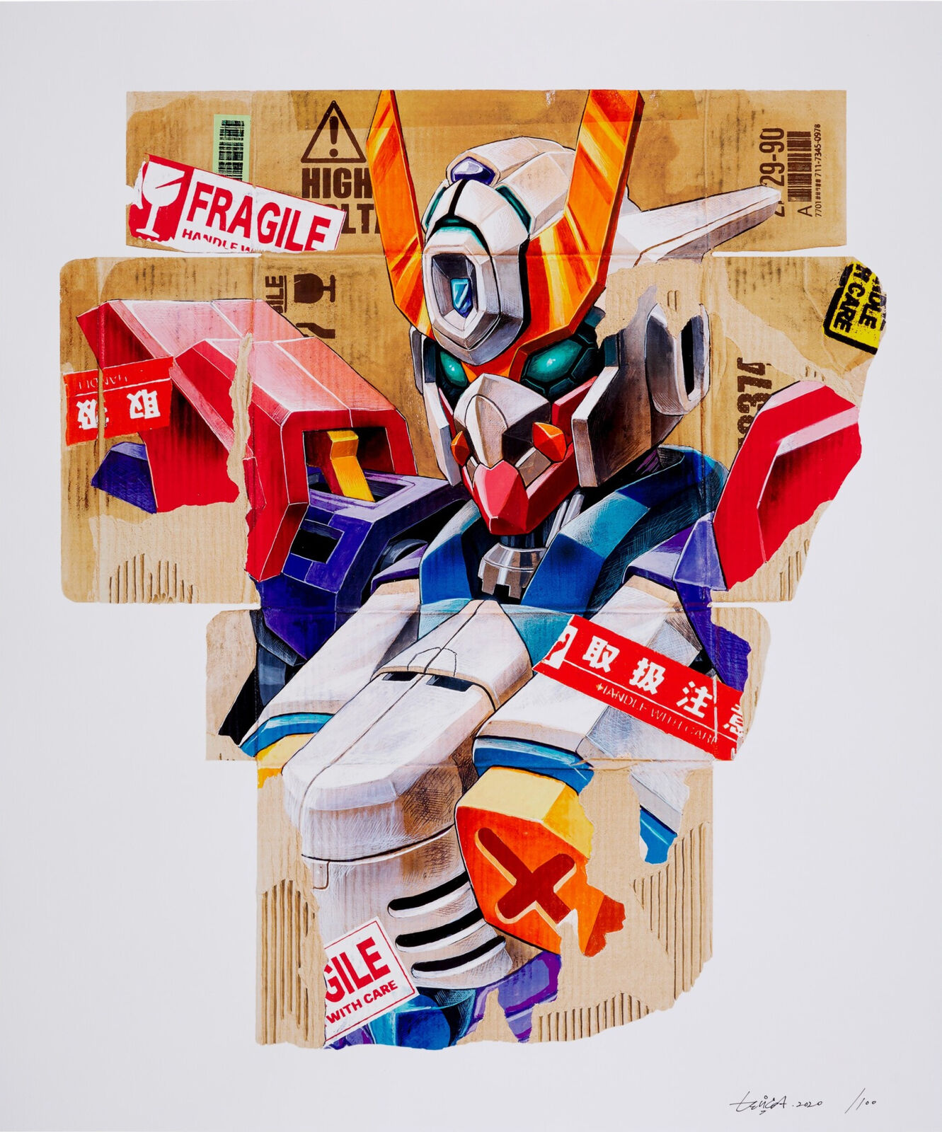 A drawing of a gundam robot on a piece of cardboard.