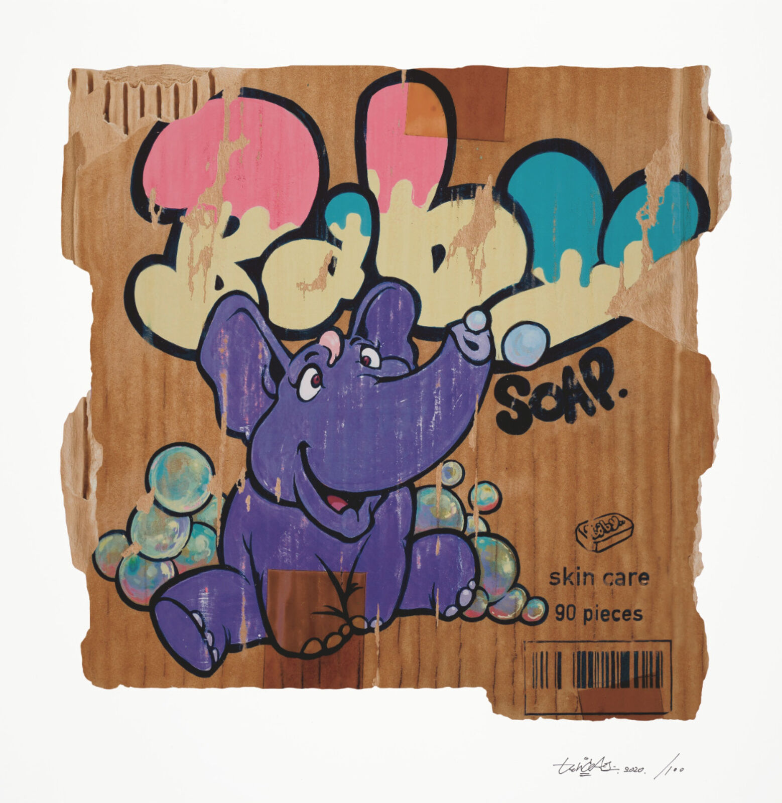 A cardboard box with a purple elephant on it.