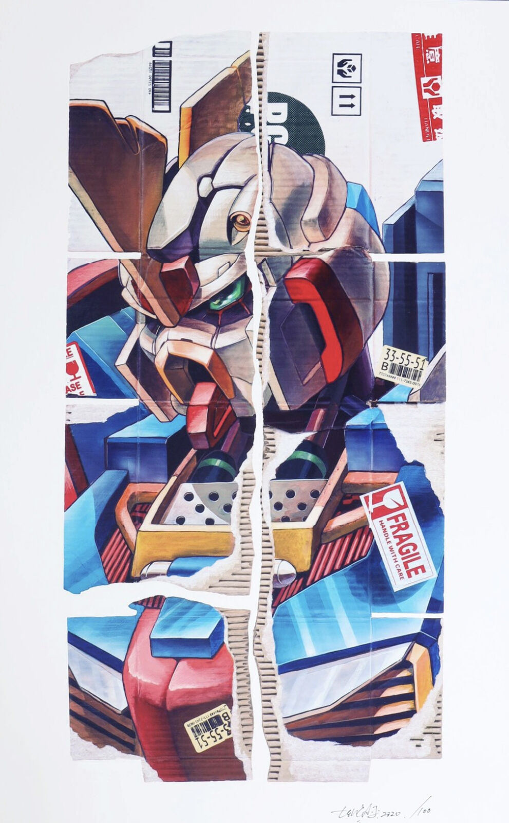 A painting of a robot that is broken in half.