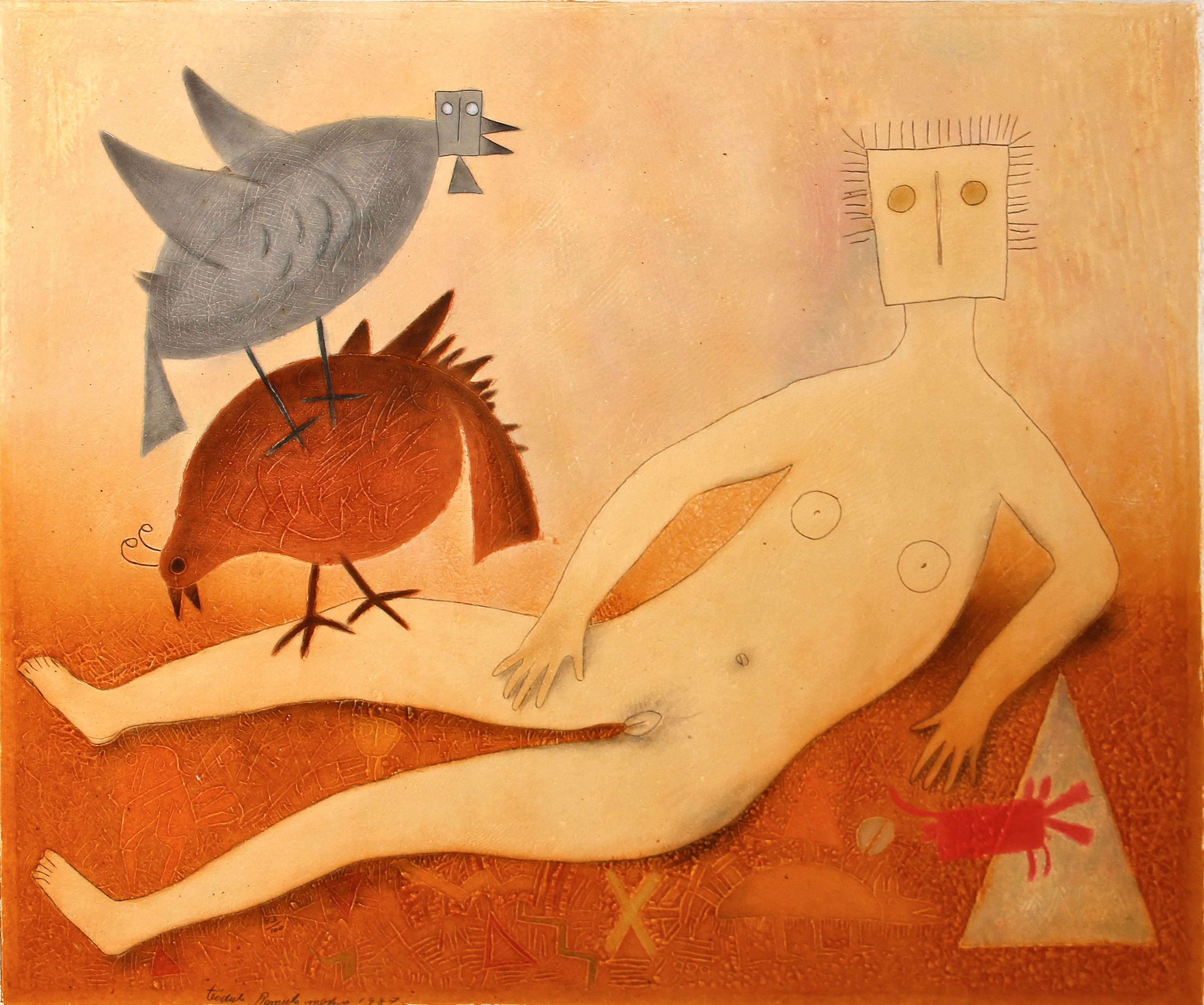 A painting of a man laying on the ground with a bird on his head.
