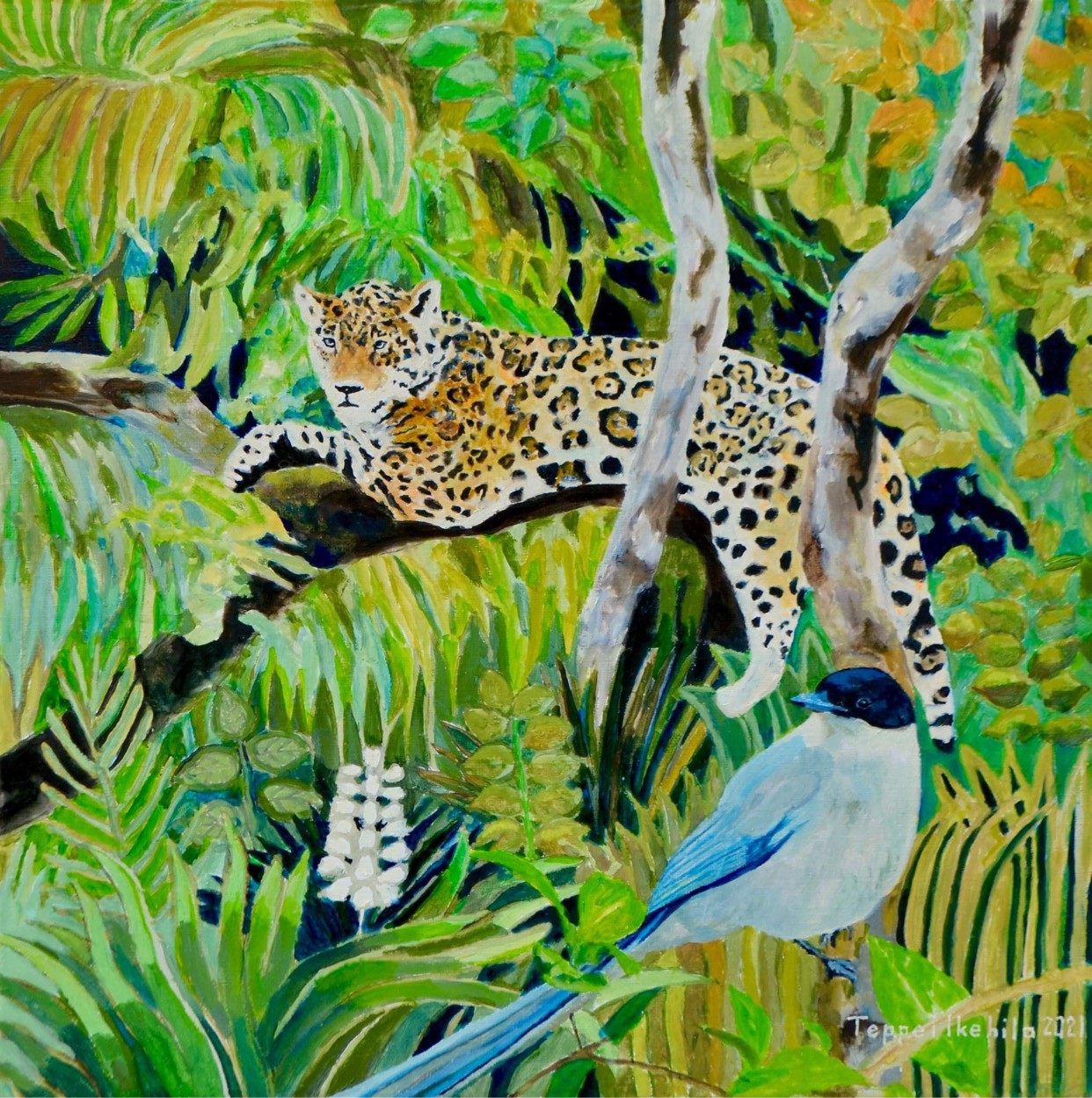A vibrant painting of a spotted feline resting on a branch above a blue bird in a lush jungle.