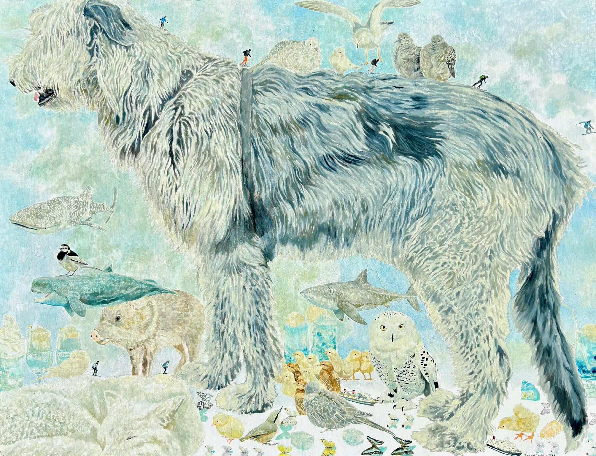A surreal composition featuring a giant shaggy dog amidst a chaotic world of animals, people, and floating objects.