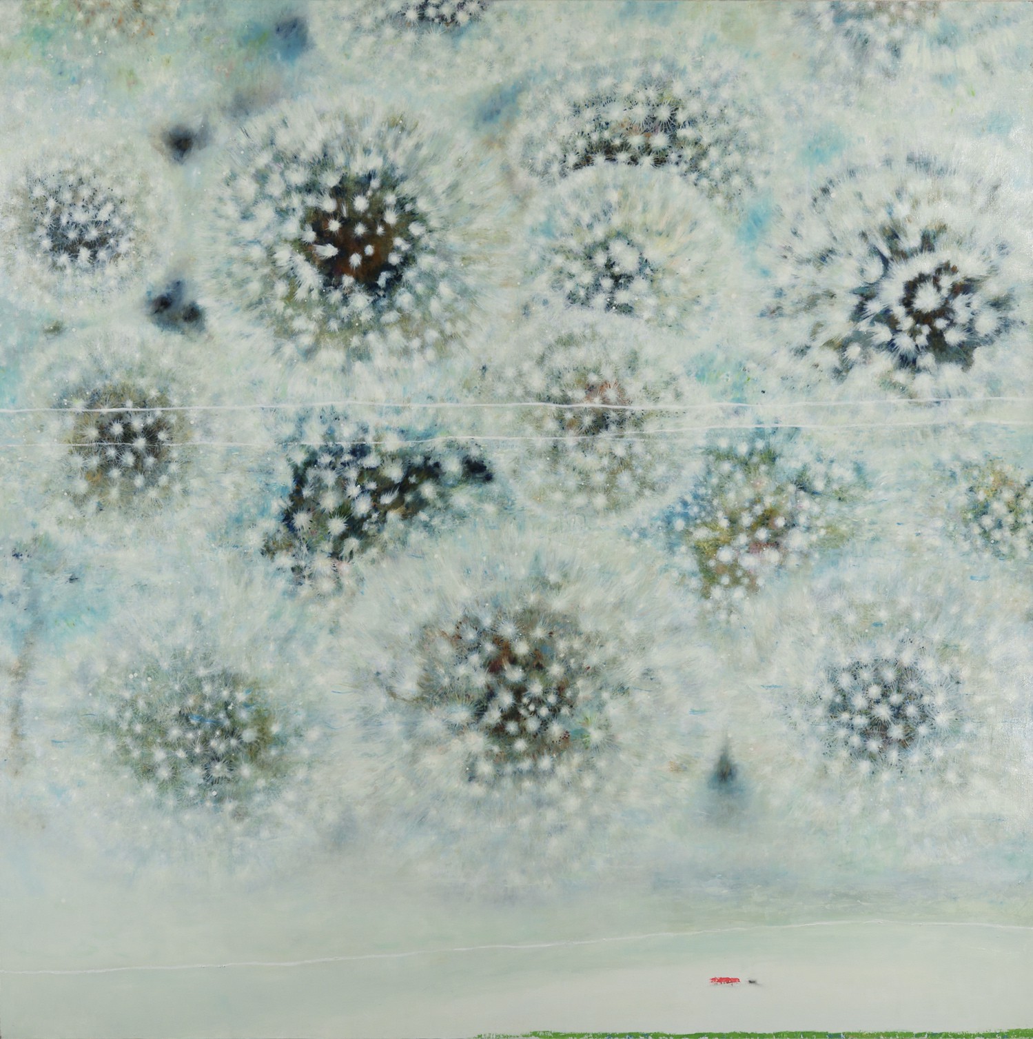 A textured landscape painting featuring dandelion-like forms against a misty, pale background.