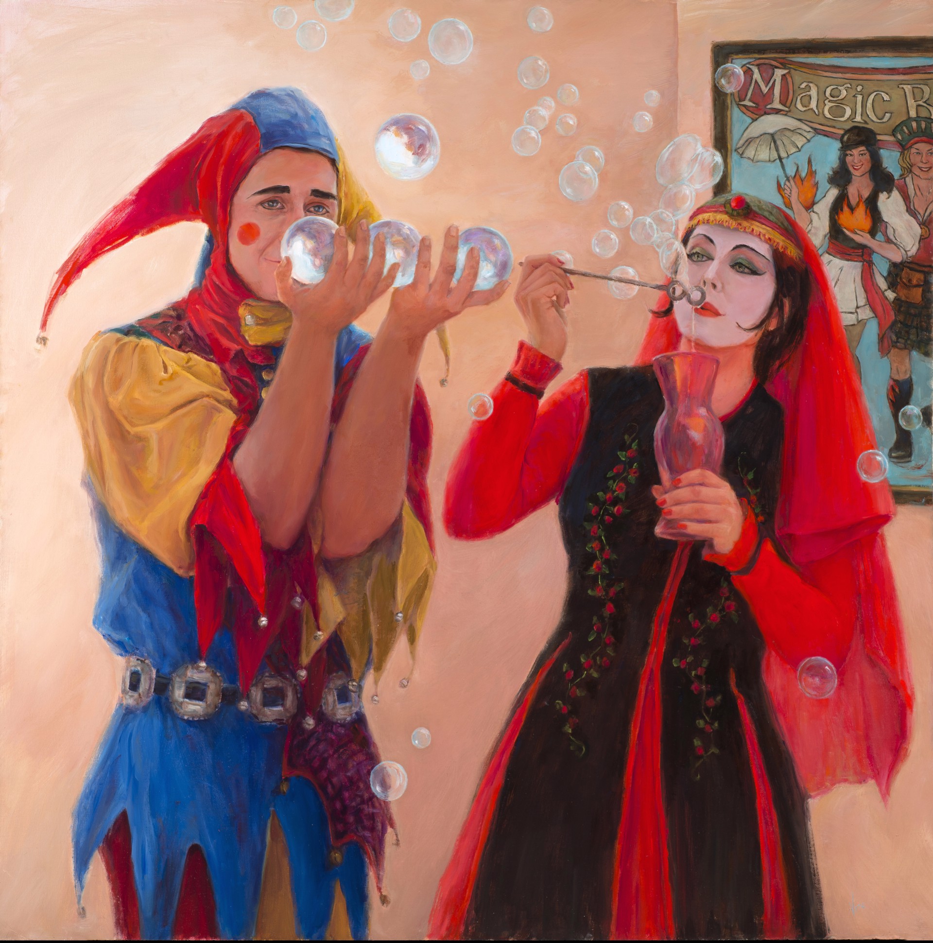 A painting of two women blowing bubbles in front of a mirror.