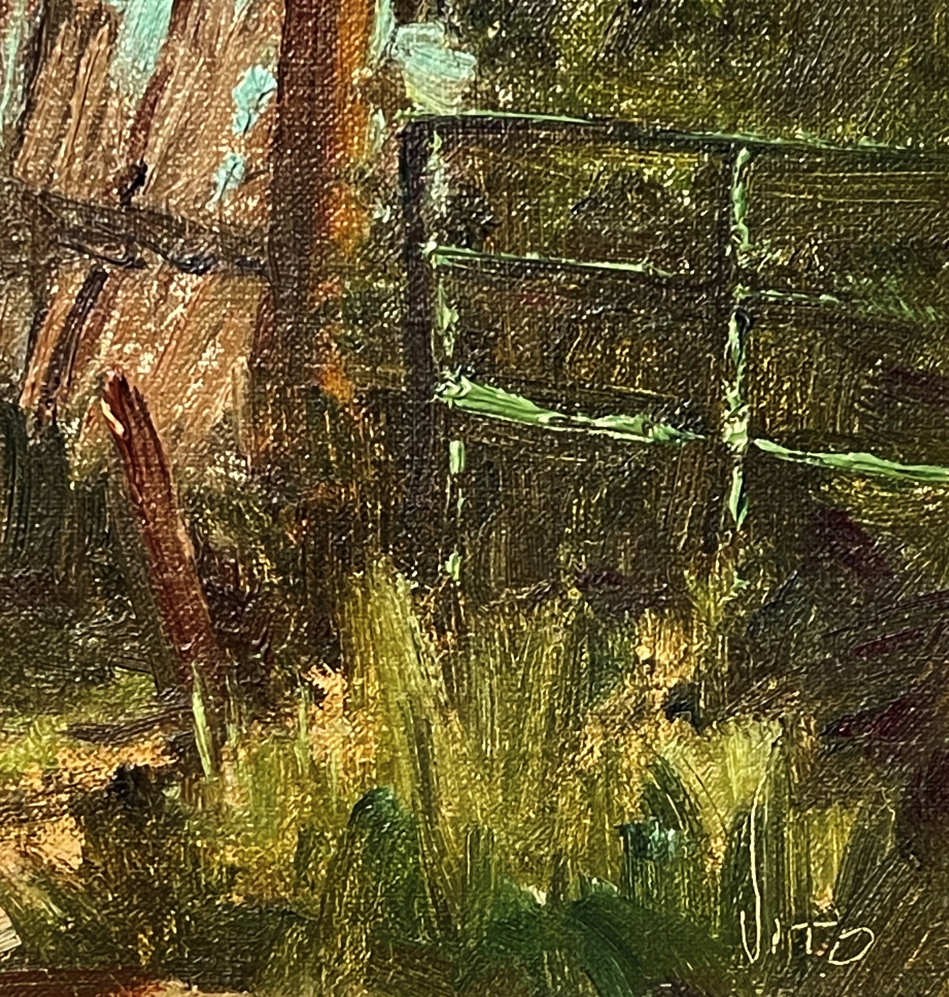 A painting of an old barn with a blue roof.