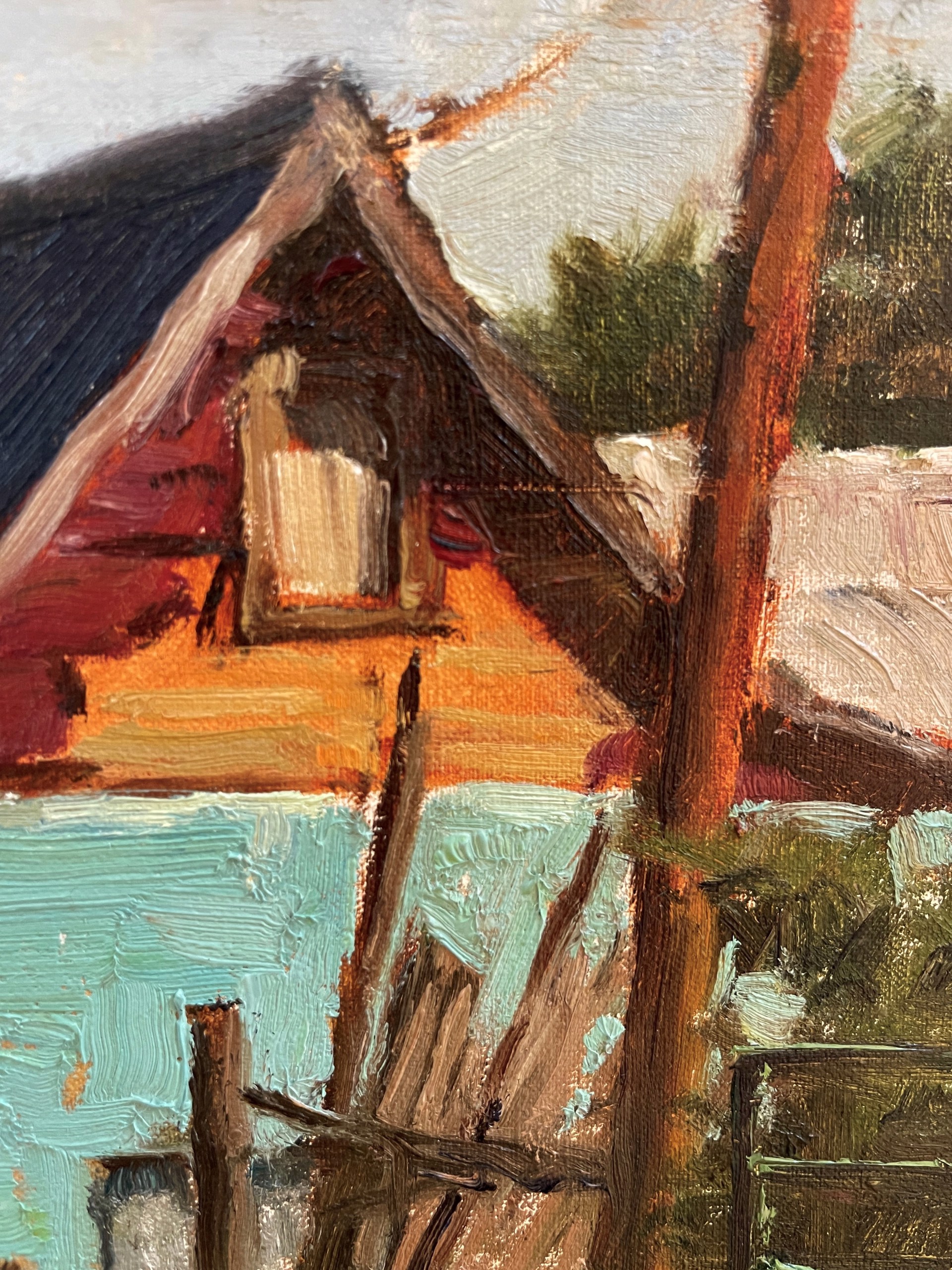A painting of an old barn with a blue roof.