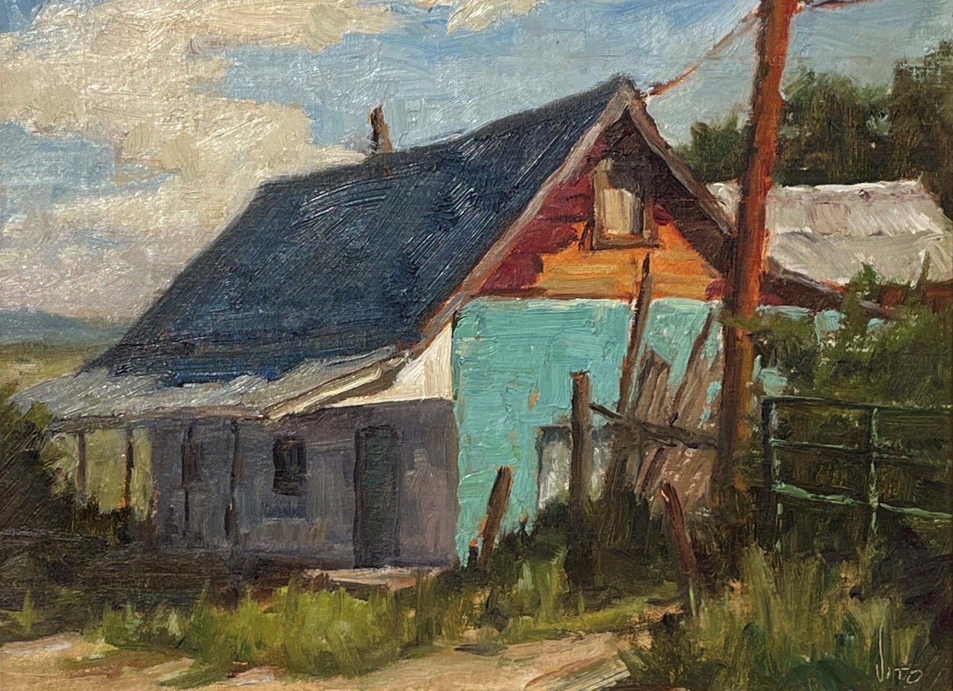 A painting of an old barn with a blue roof.
