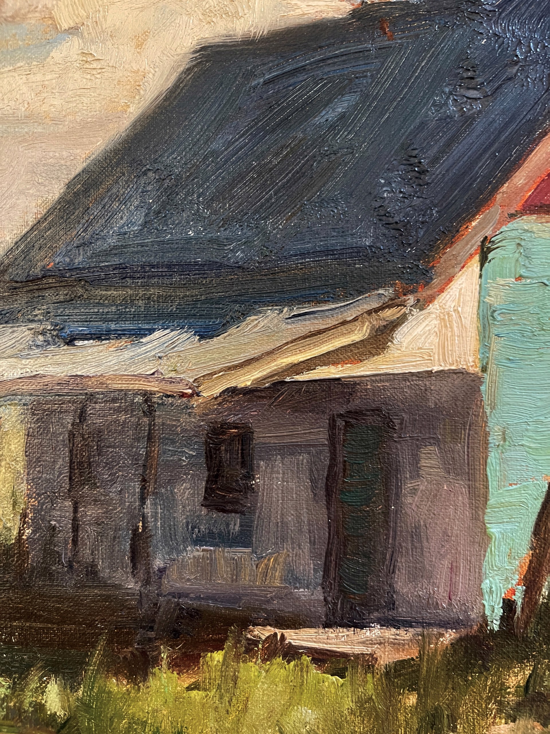 A painting of an old barn with a blue roof.