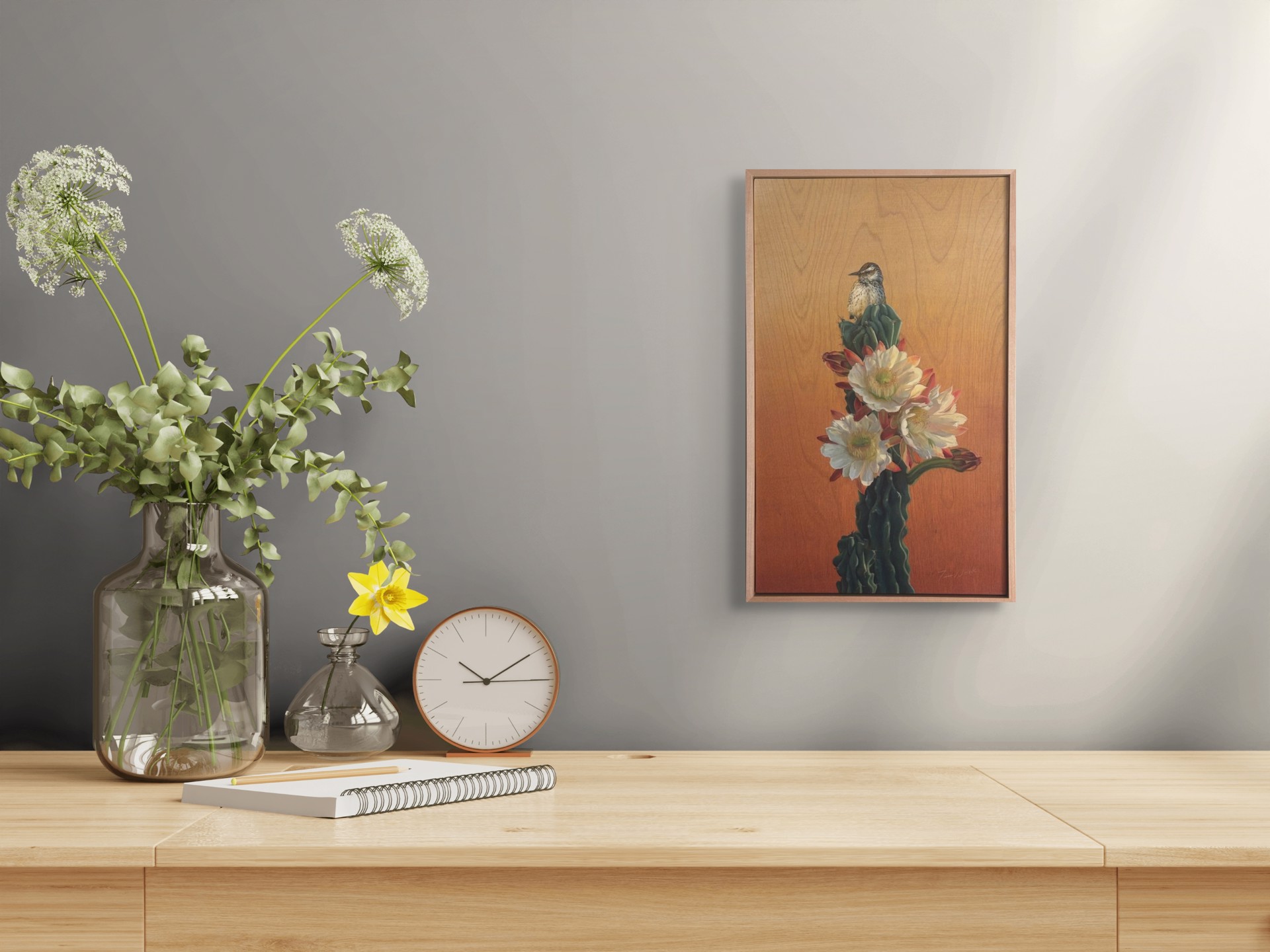 Cactus Wren and Desert Bloom