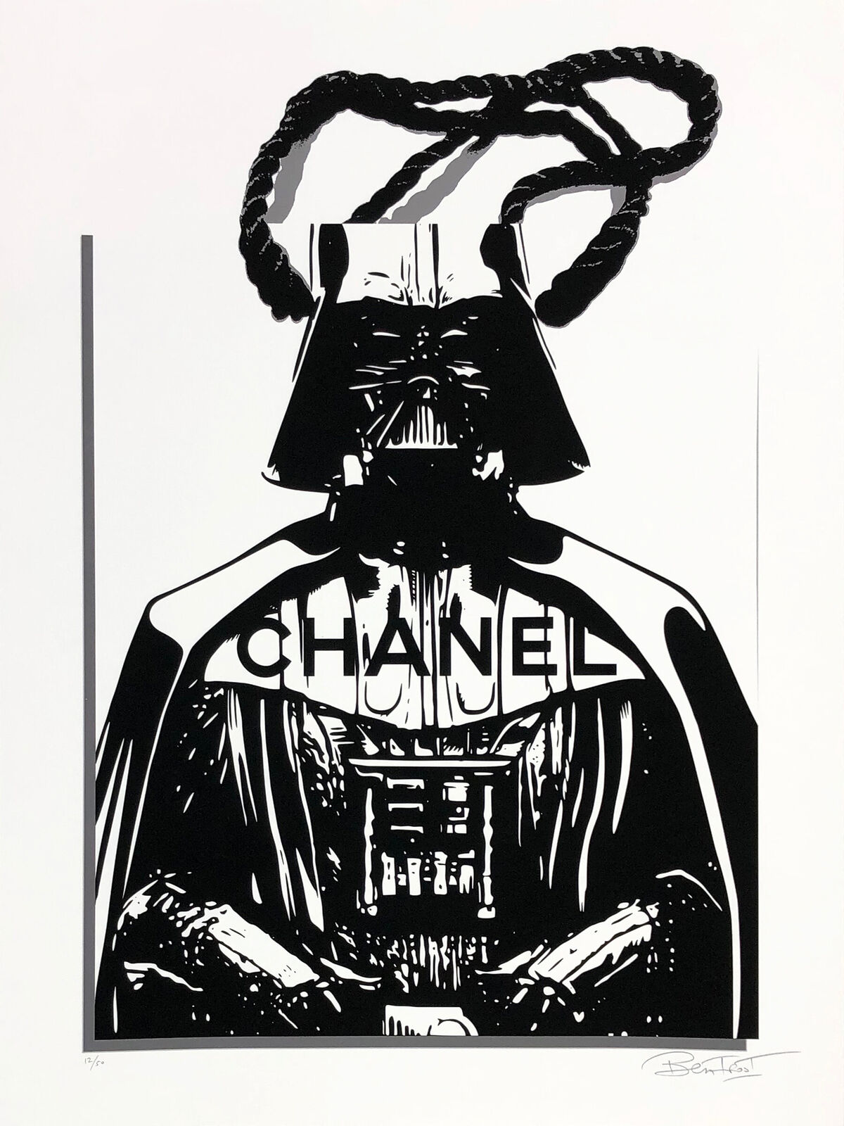 A black and white illustration of a darth vader holding a chanel bag.