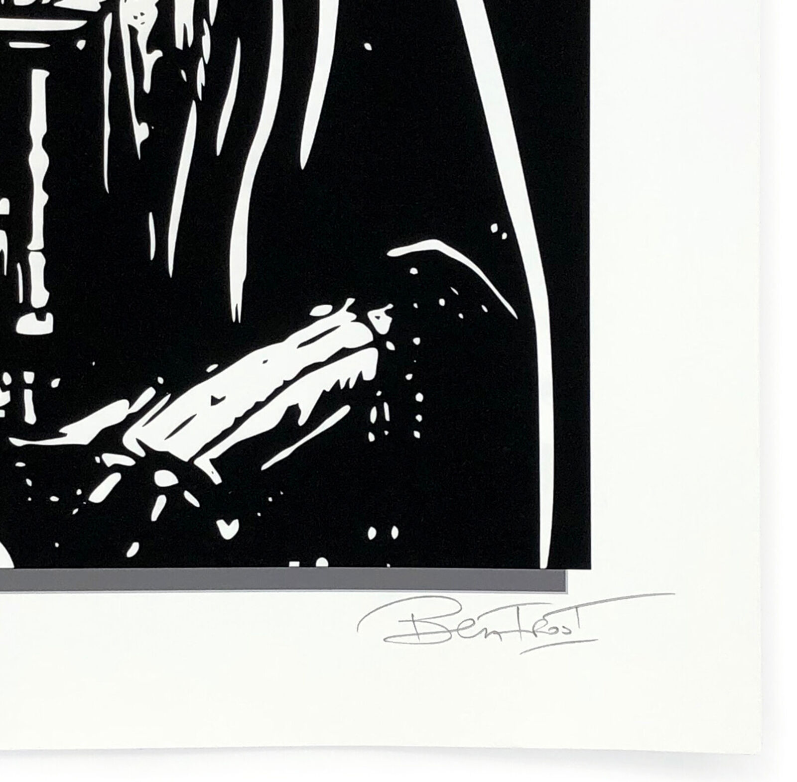 A black and white illustration of a darth vader holding a chanel bag.
