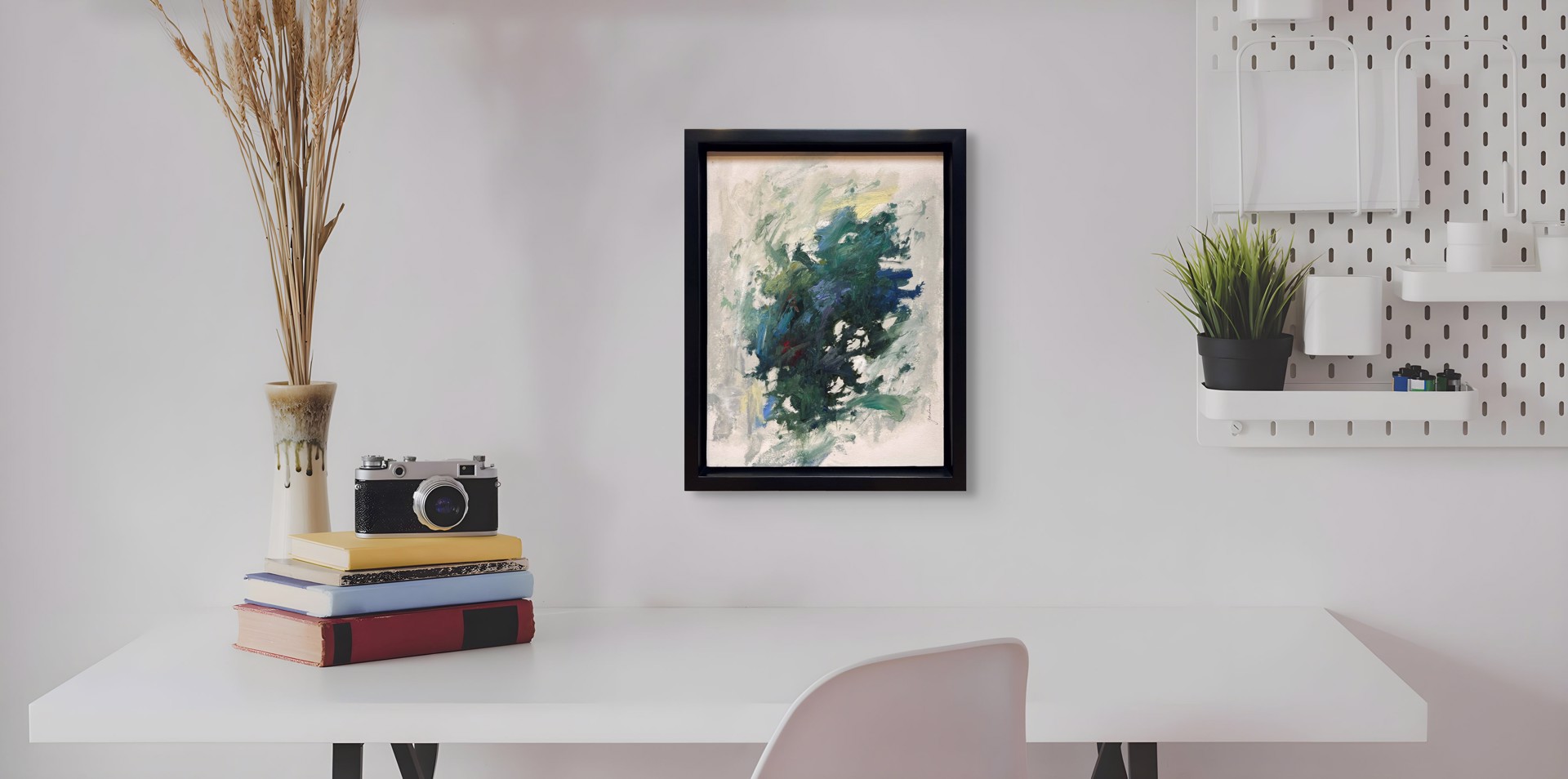 A painting of a blue and green abstract painting on a white background.