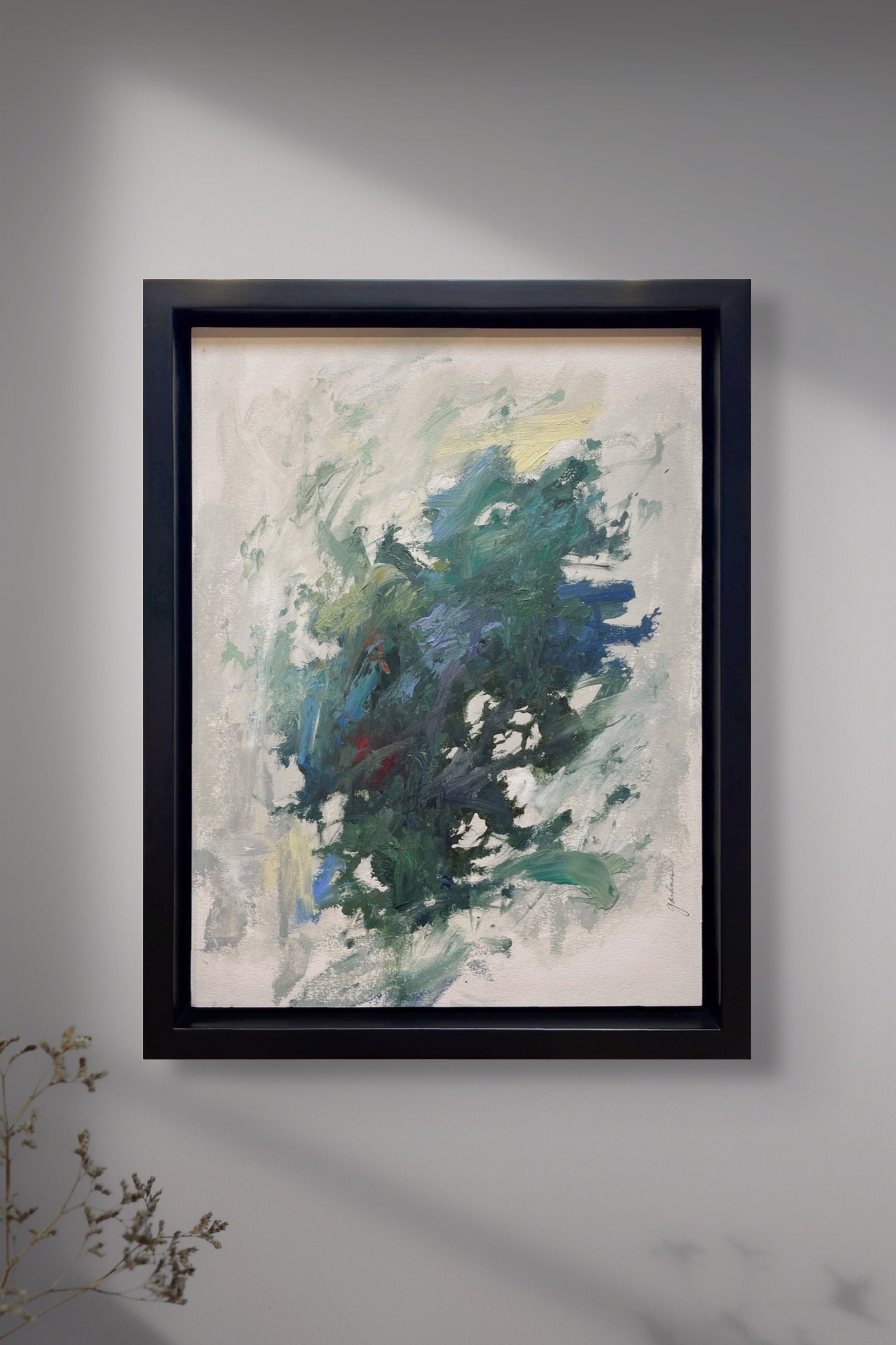 A painting of a blue and green abstract painting on a white background.