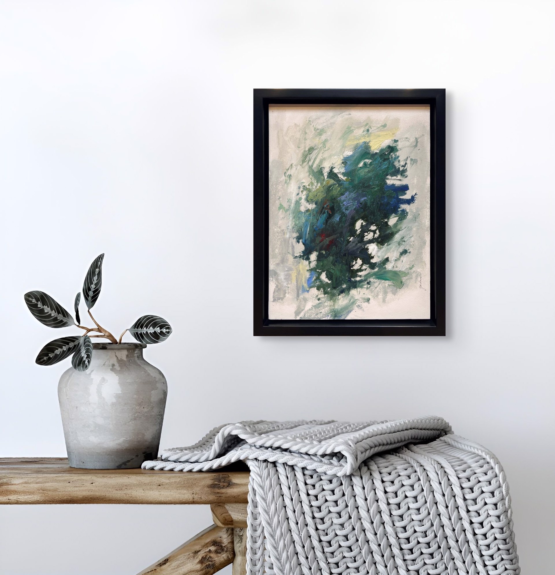 A painting of a blue and green abstract painting on a white background.