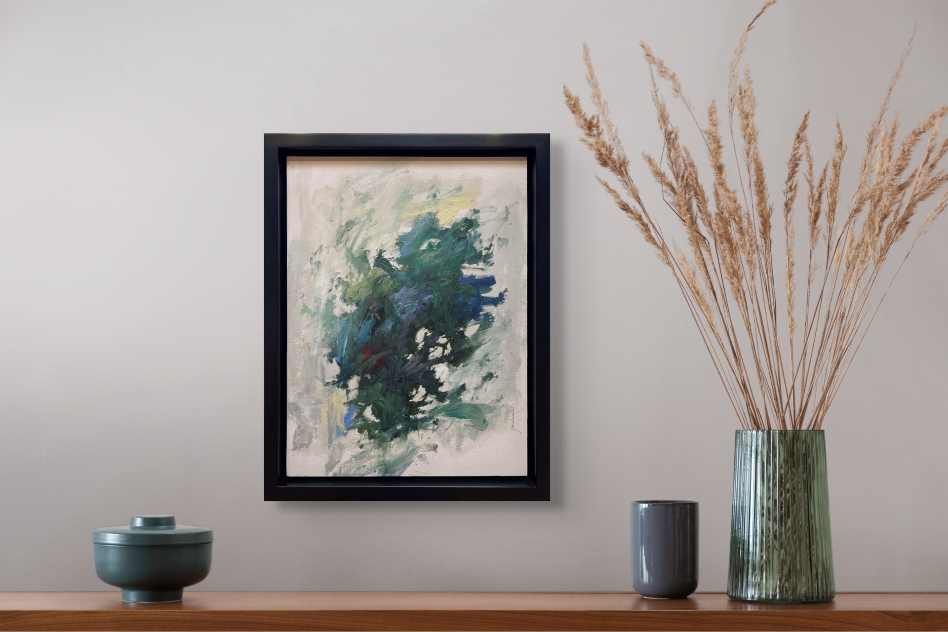 A painting of a blue and green abstract painting on a white background.