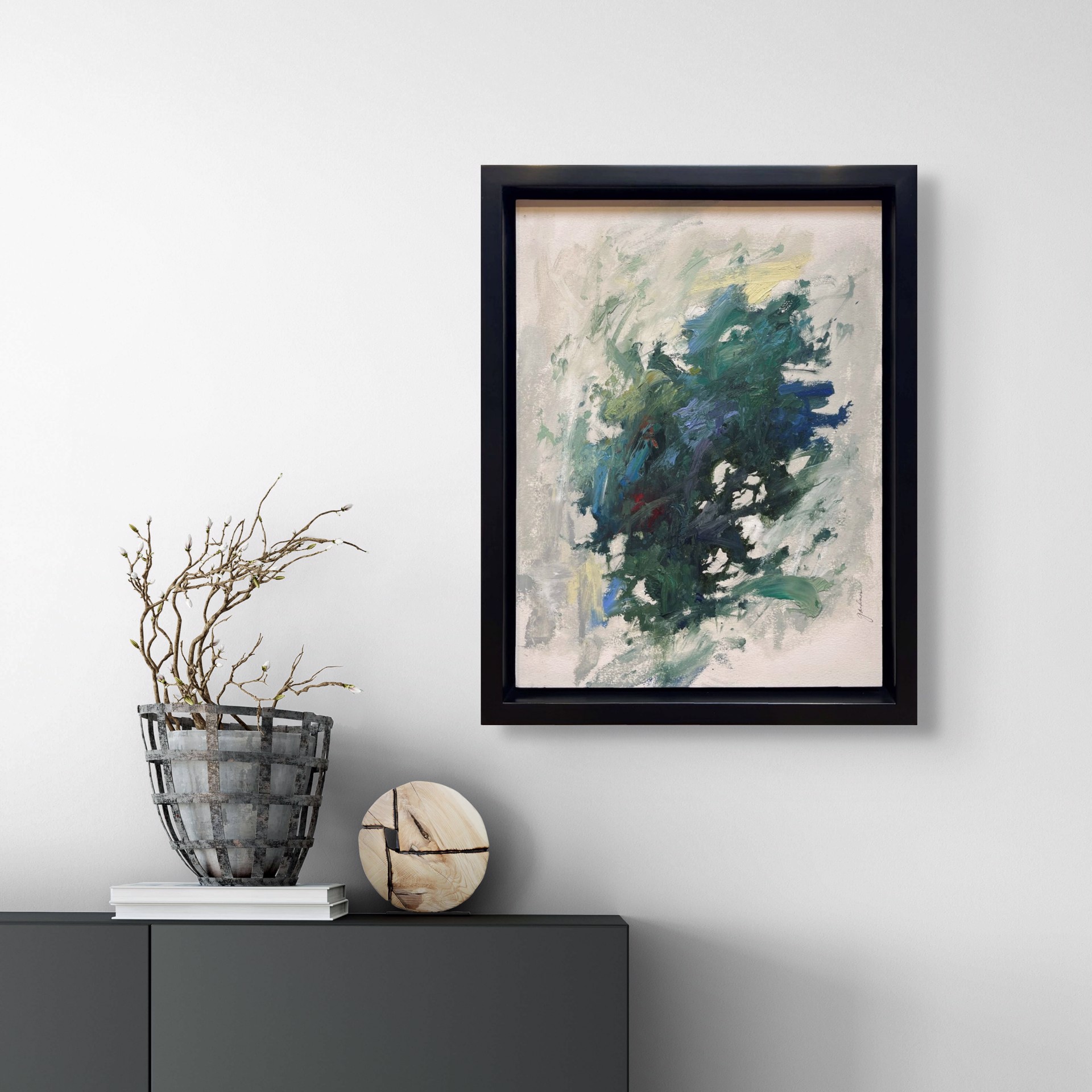 A painting of a blue and green abstract painting on a white background.
