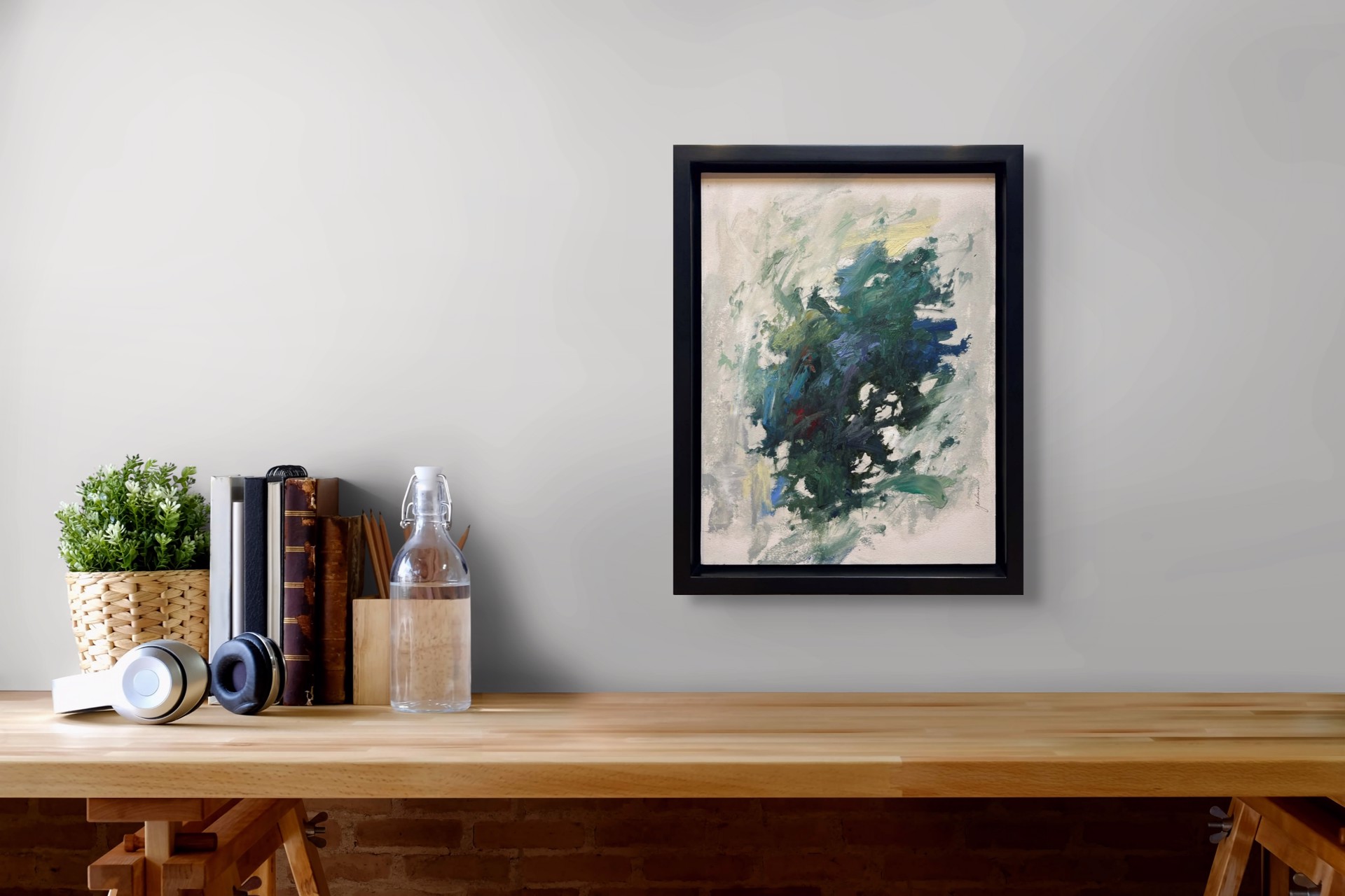 A painting of a blue and green abstract painting on a white background.