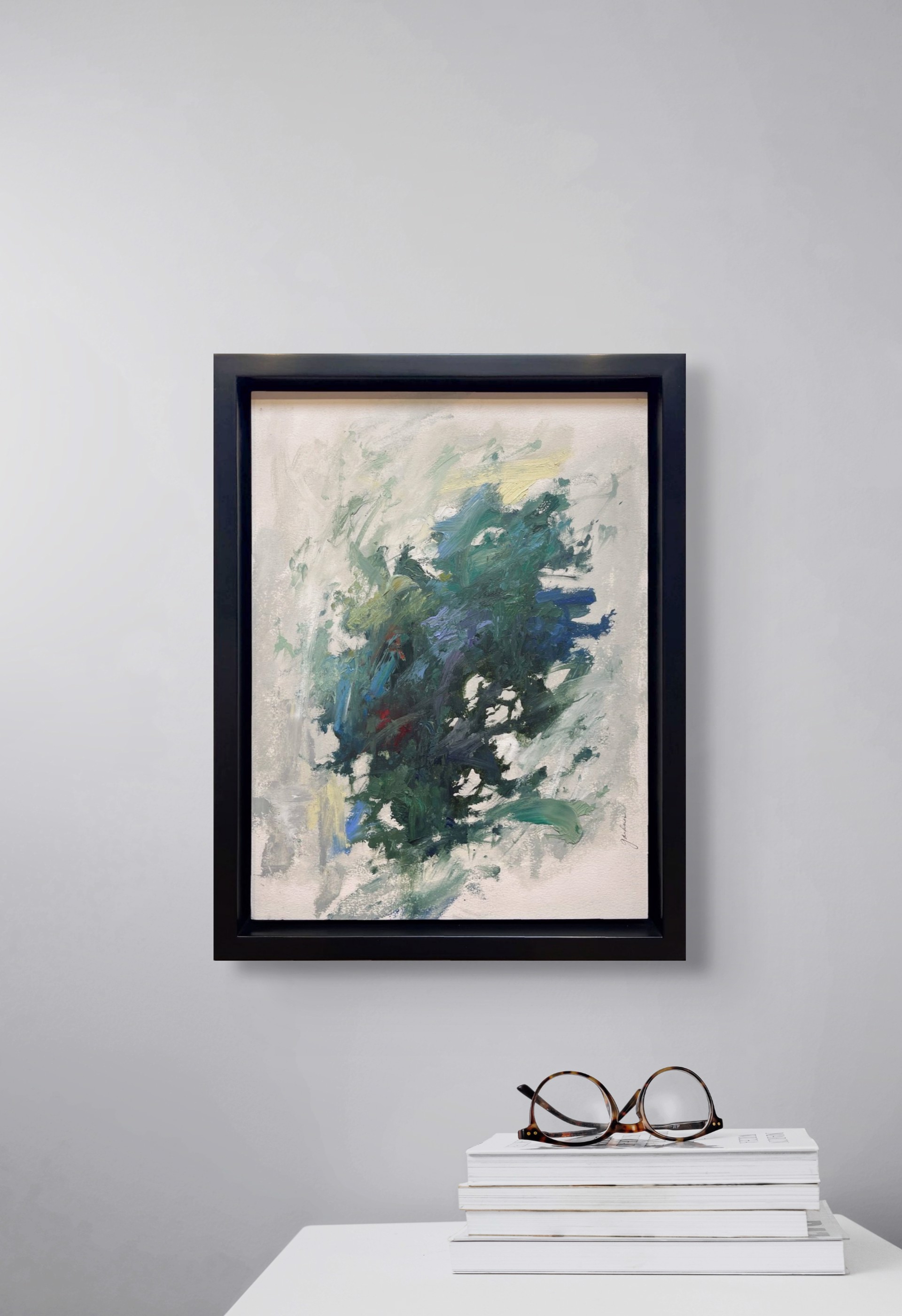 A painting of a blue and green abstract painting on a white background.