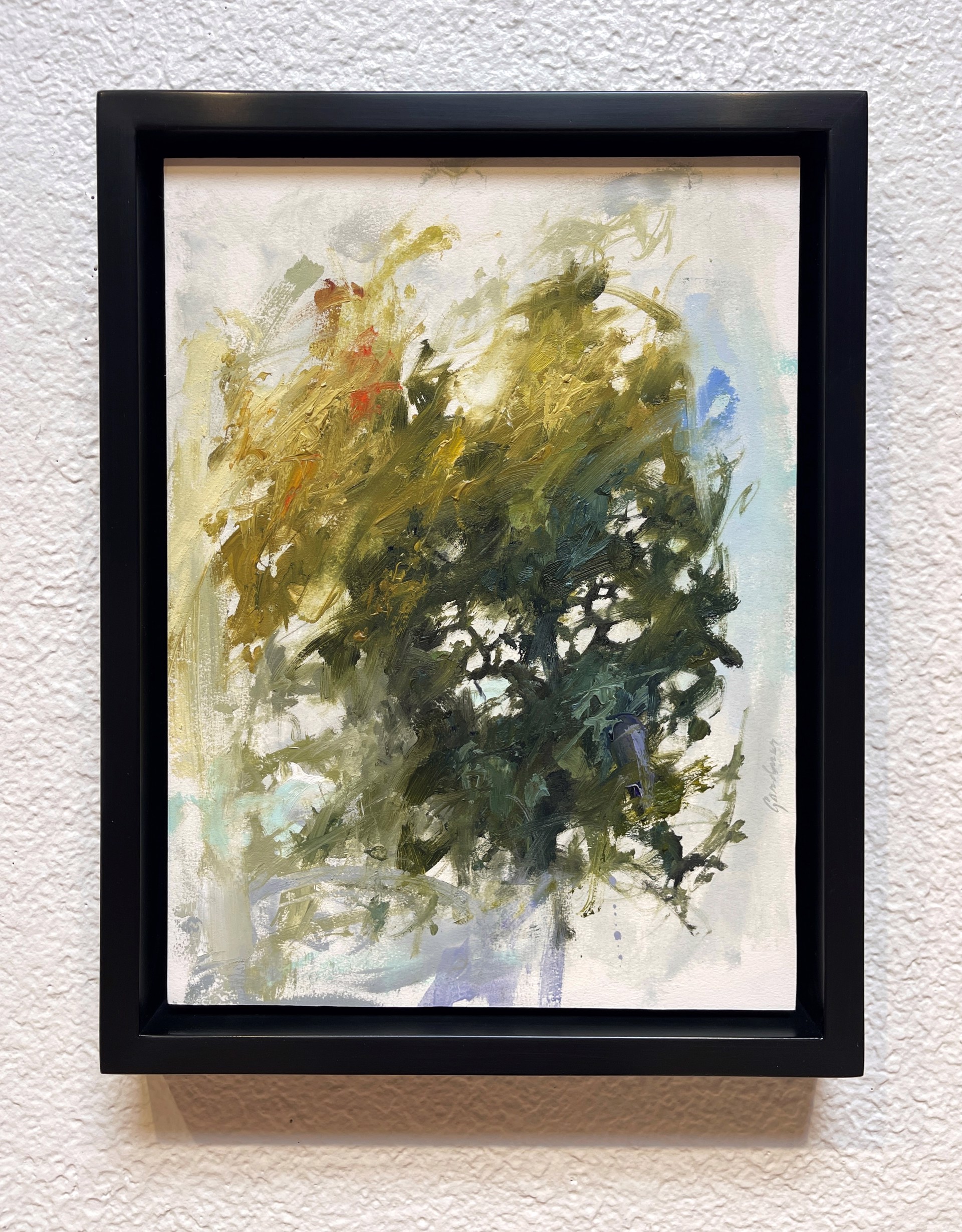 A painting of a vase filled with green and yellow flowers.