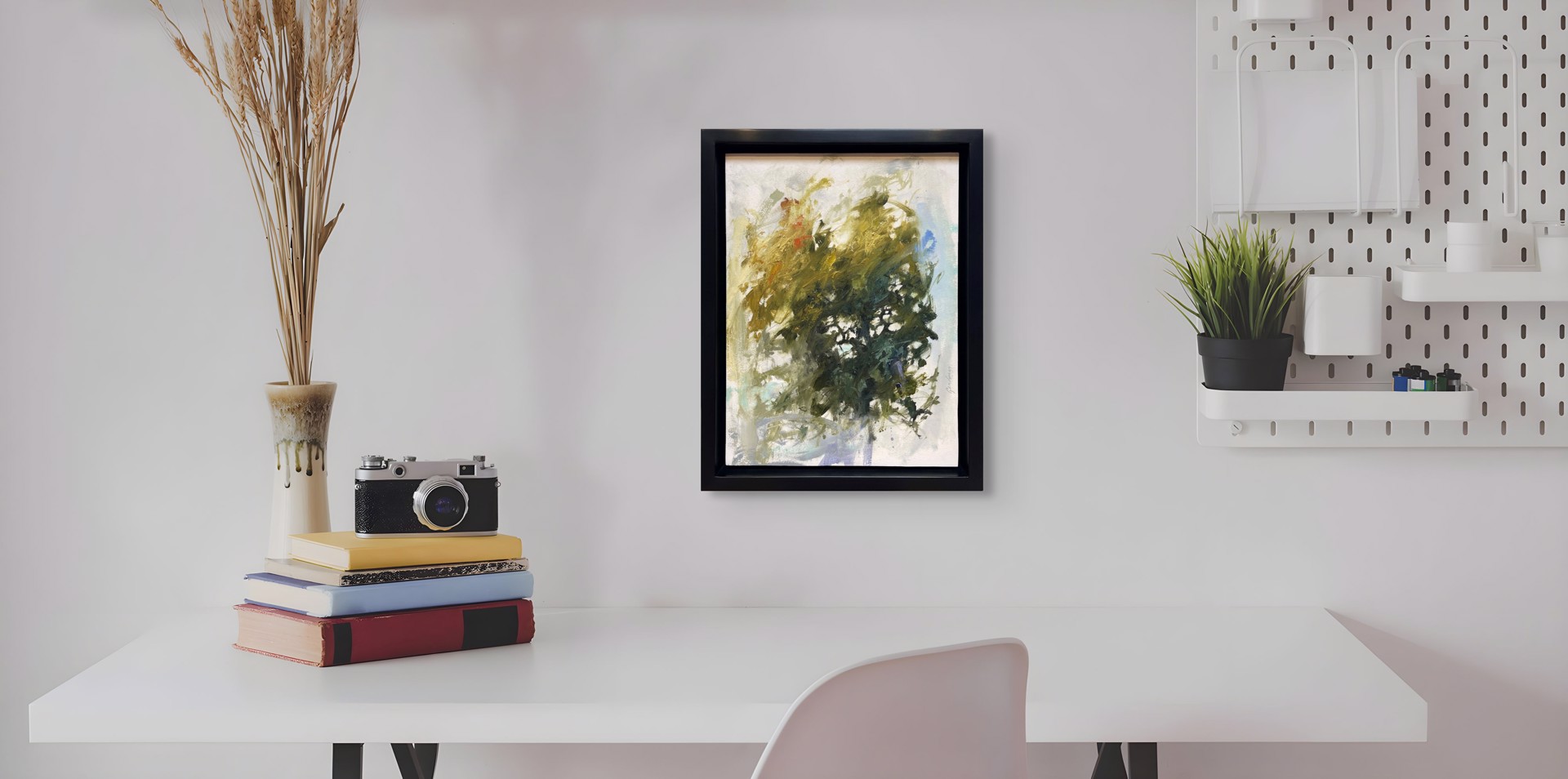 A painting of a vase filled with green and yellow flowers.