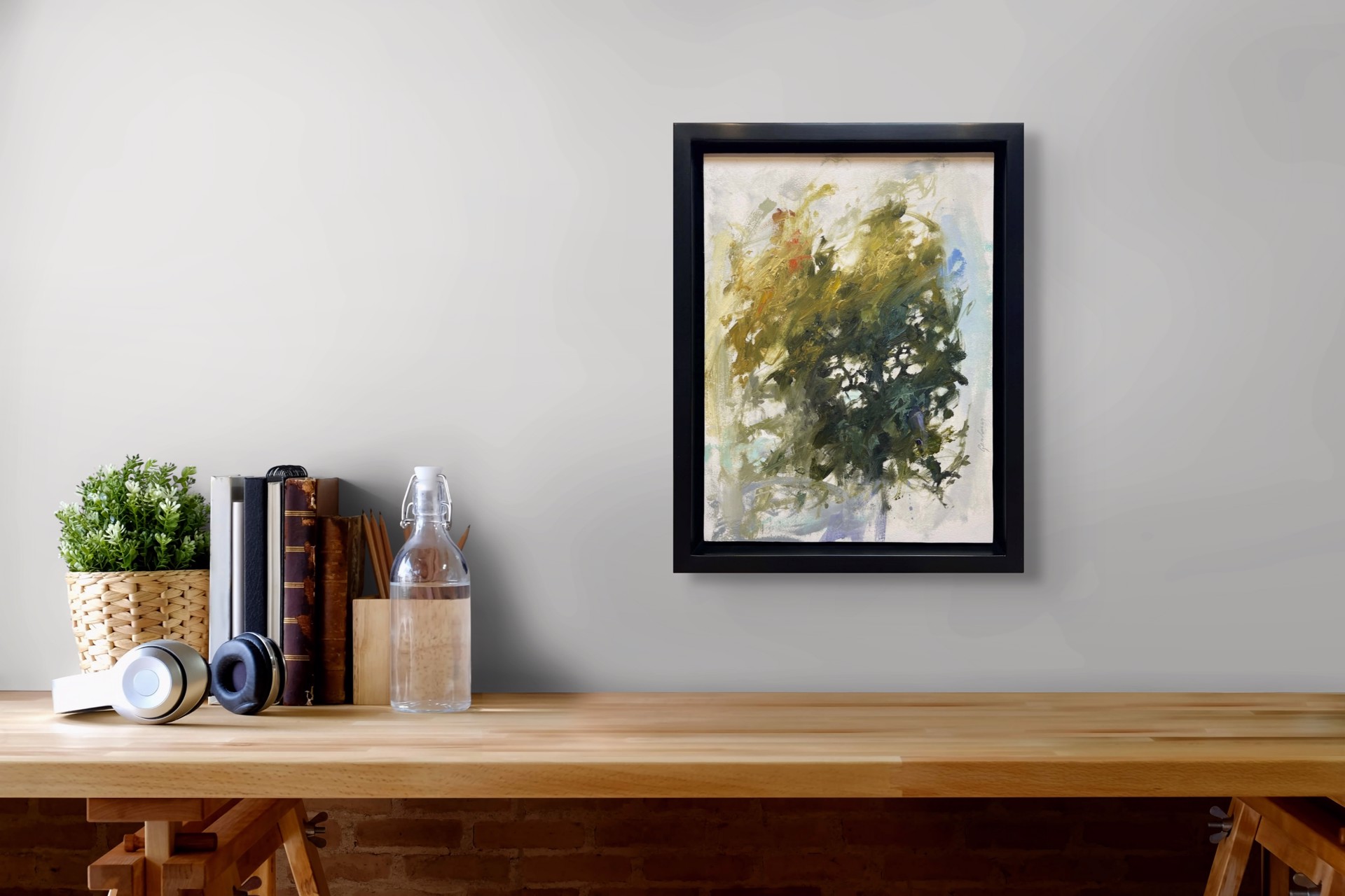 A painting of a vase filled with green and yellow flowers.