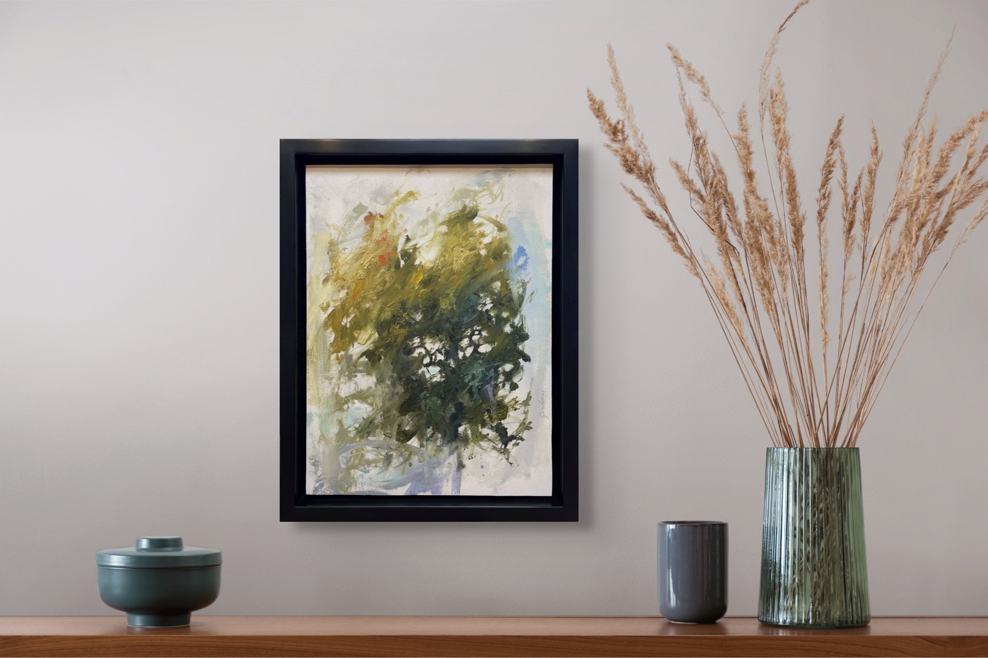 A painting of a vase filled with green and yellow flowers.