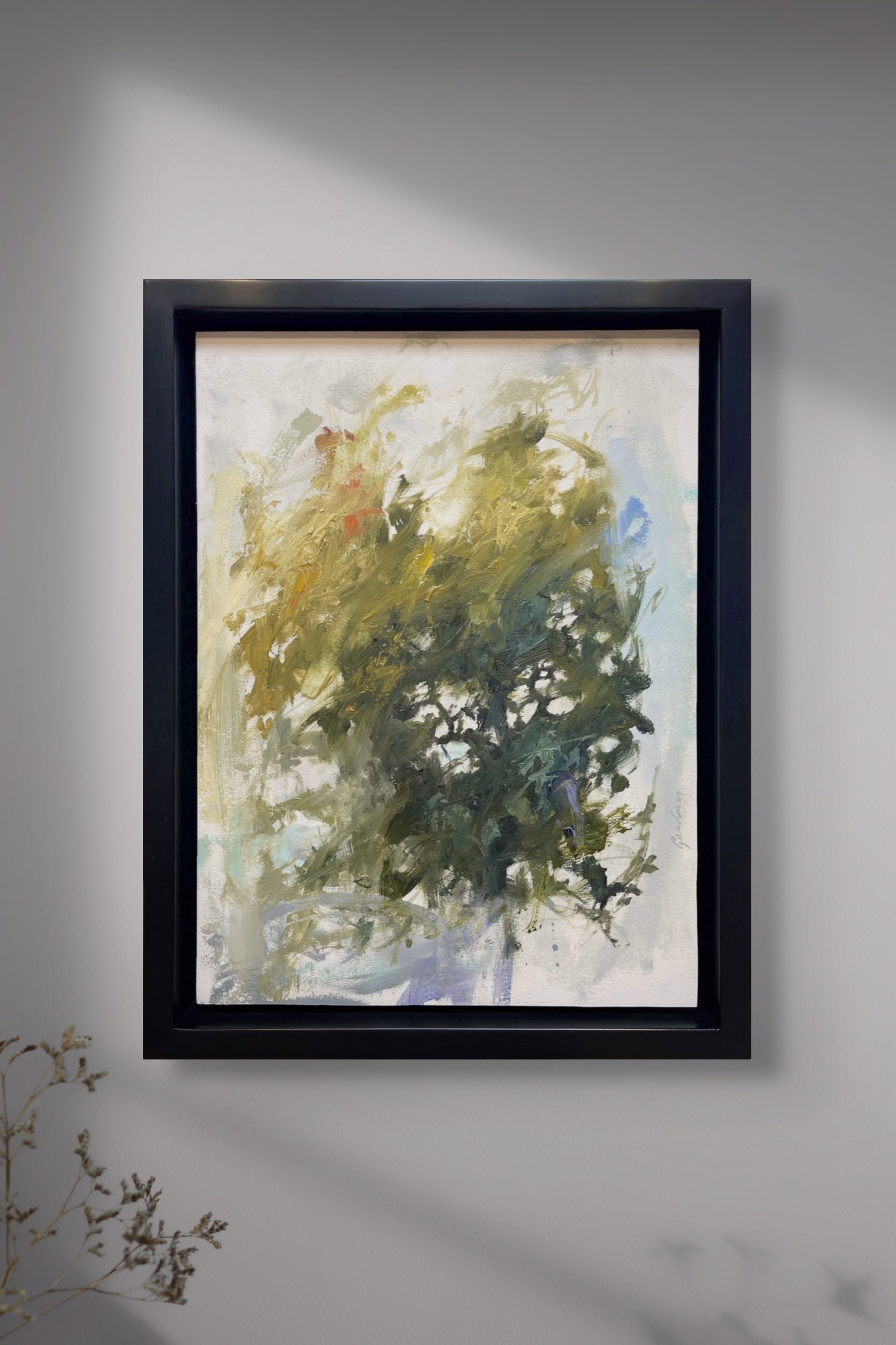 A painting of a vase filled with green and yellow flowers.