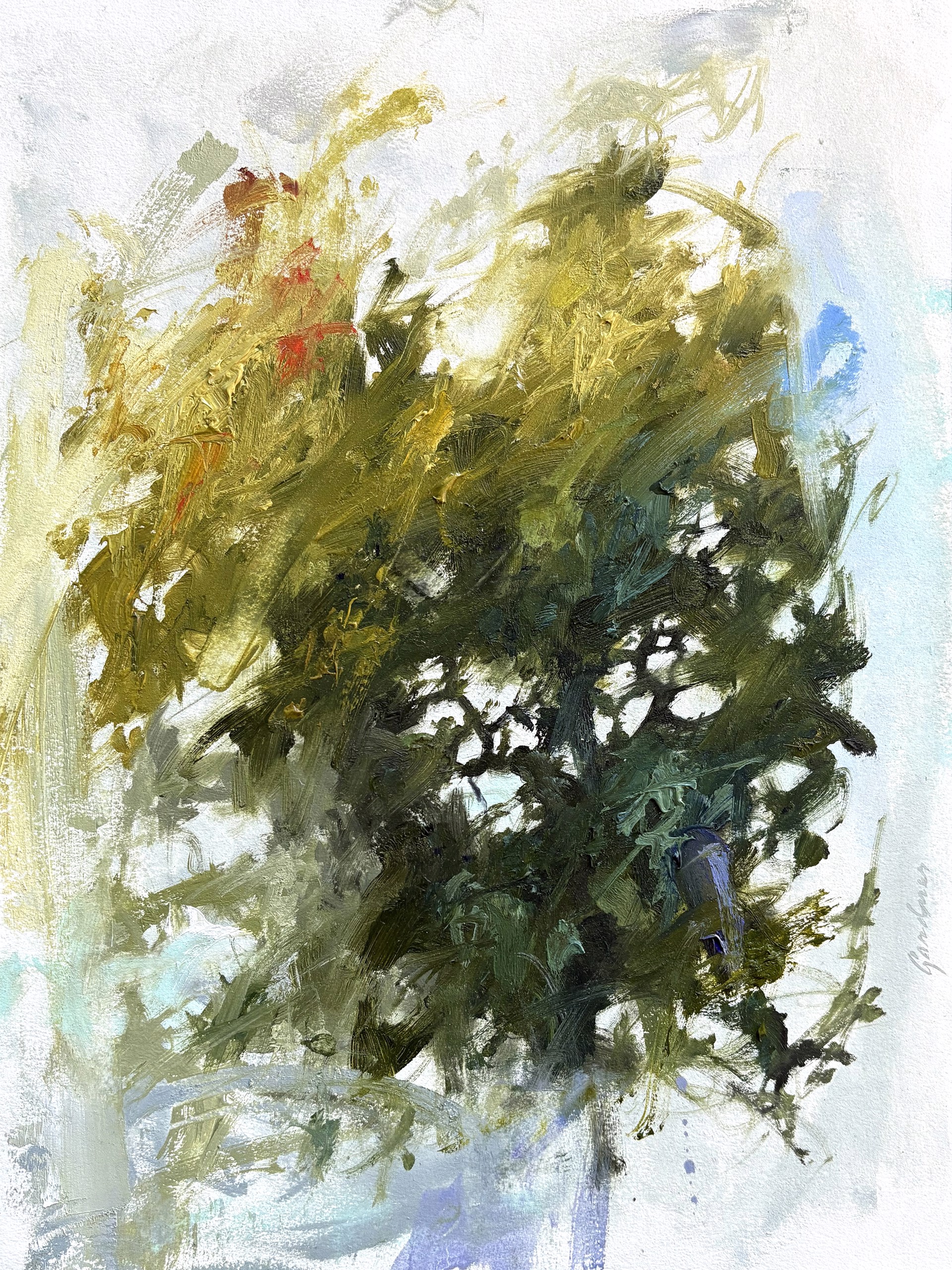 A painting of a vase filled with green and yellow flowers.