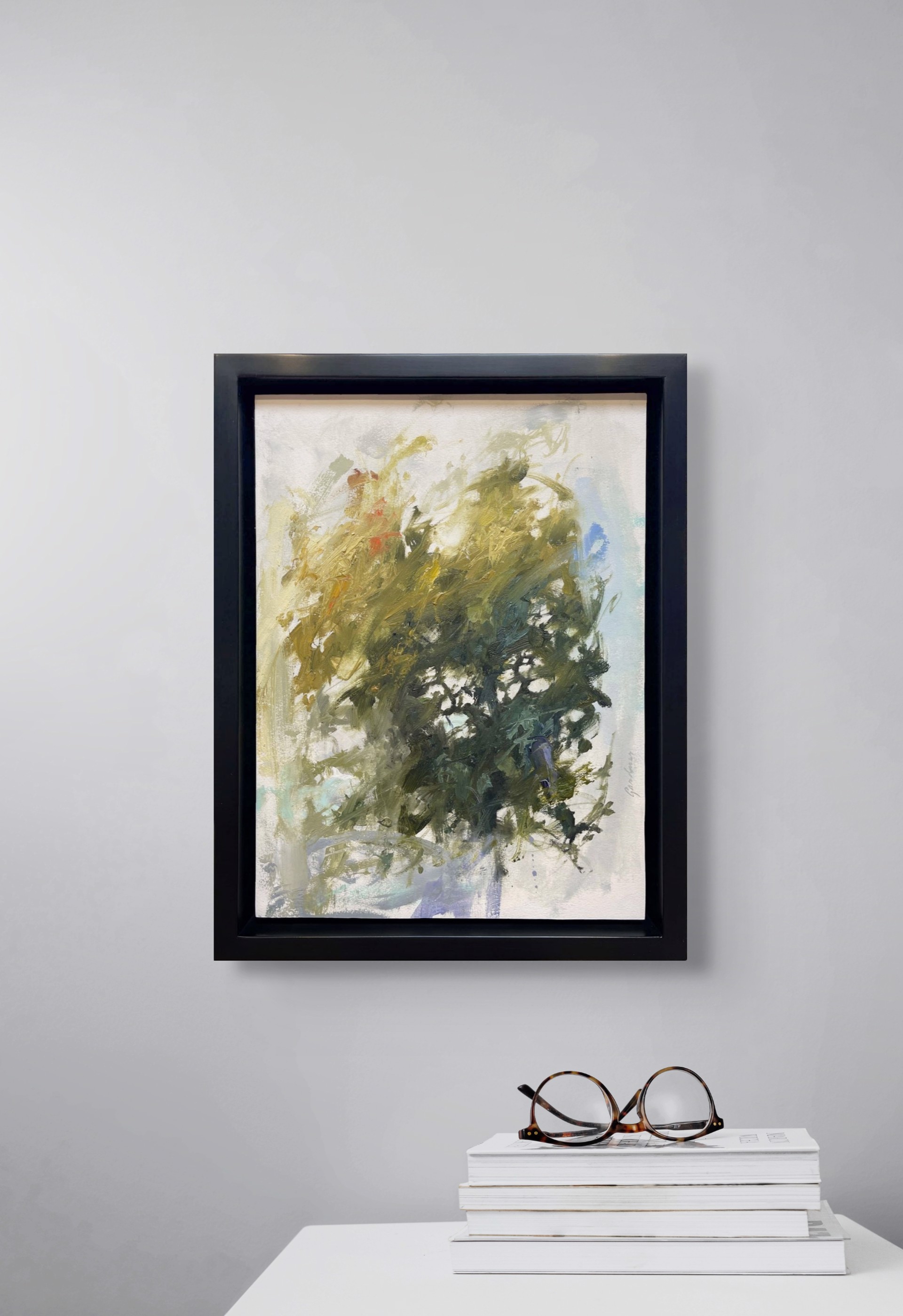 A painting of a vase filled with green and yellow flowers.