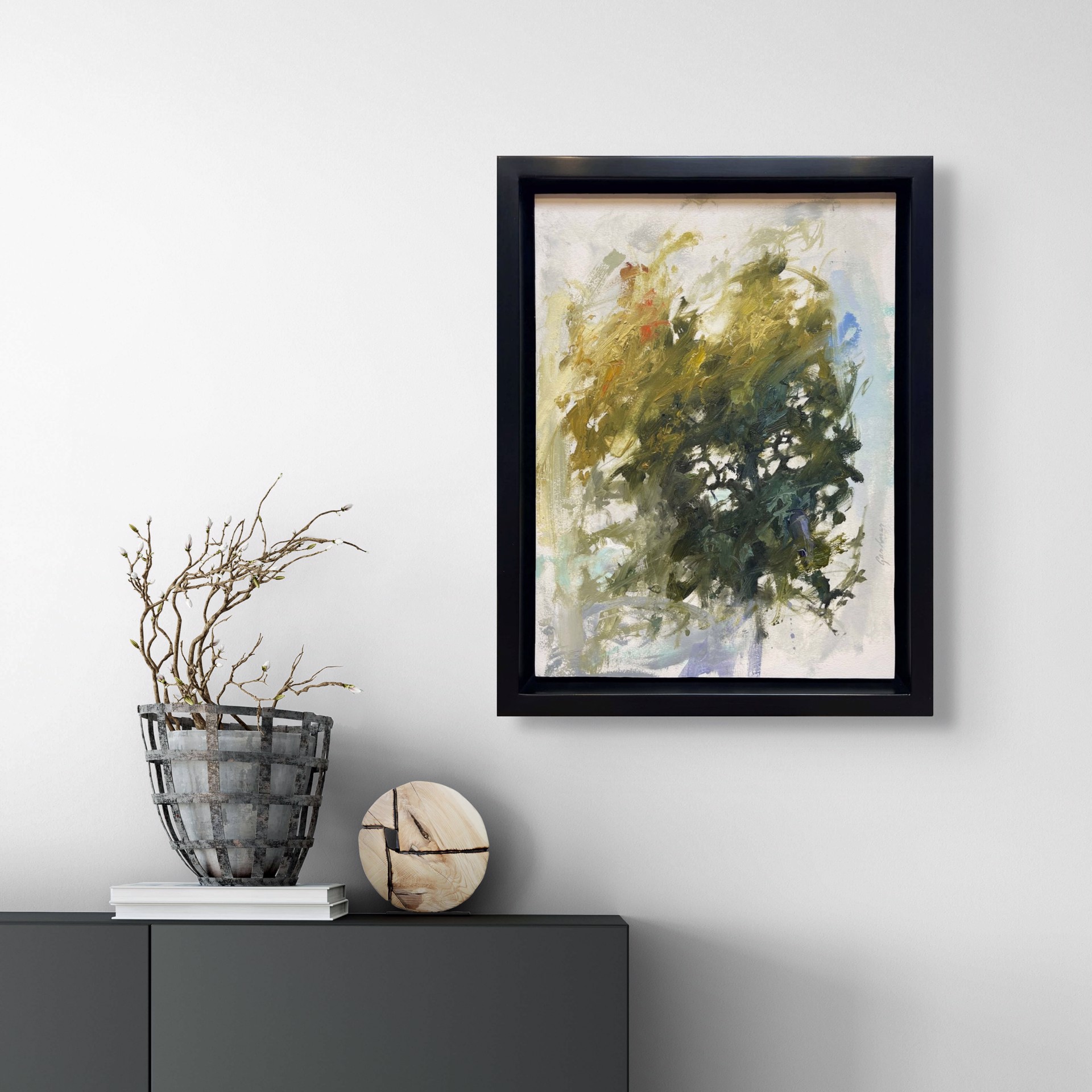 A painting of a vase filled with green and yellow flowers.