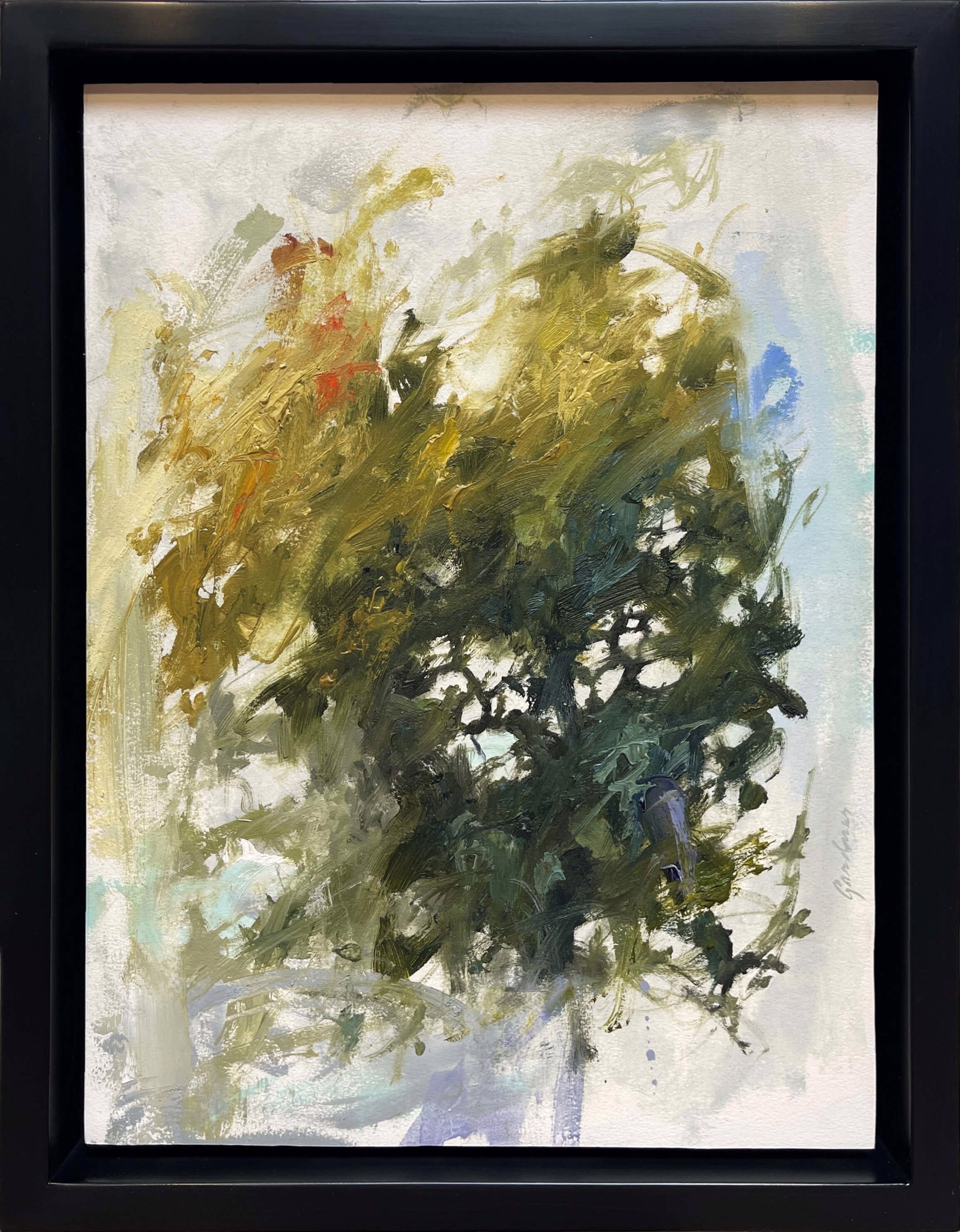 A painting of a vase filled with green and yellow flowers.