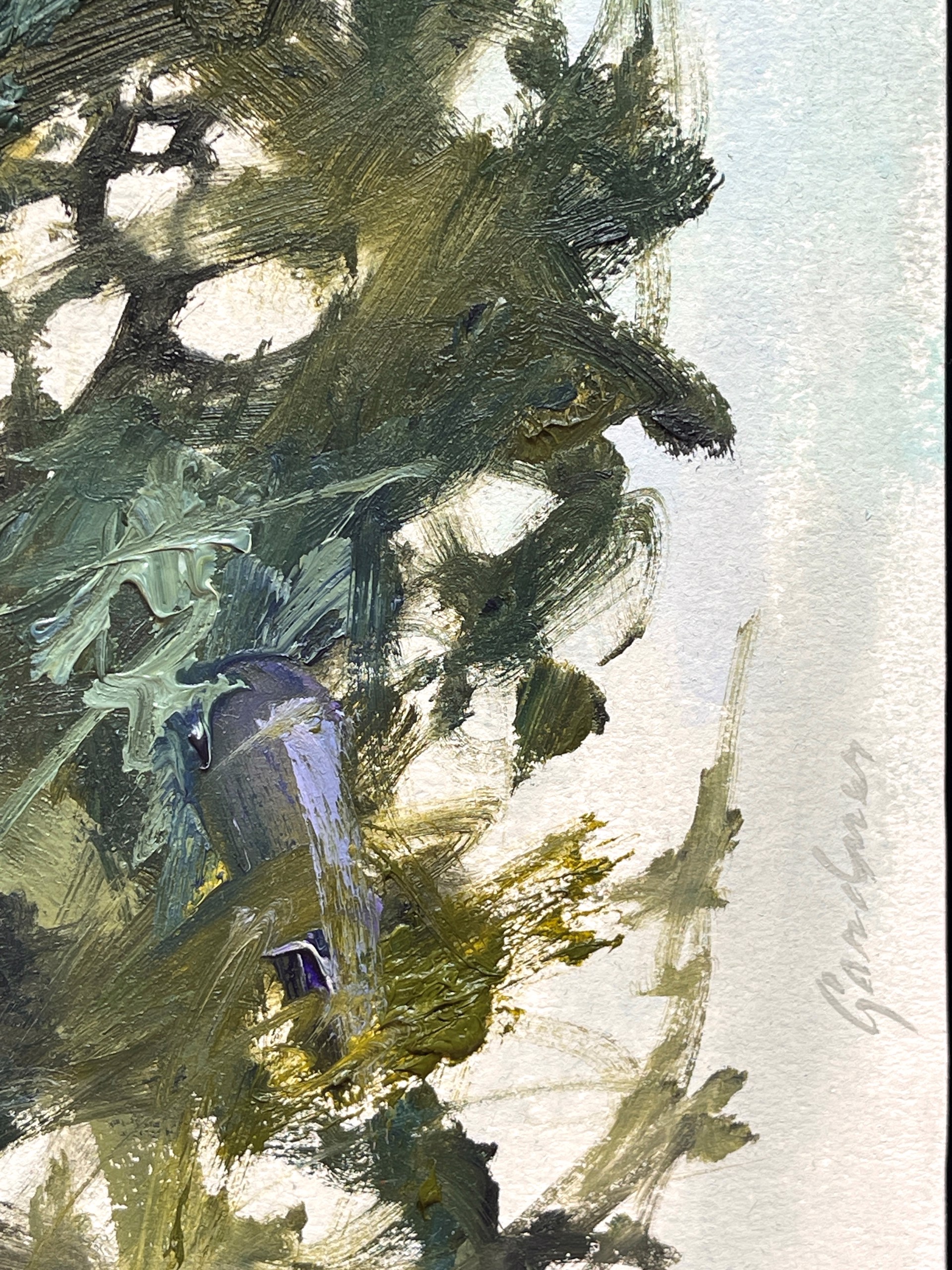 A painting of a vase filled with green and yellow flowers.