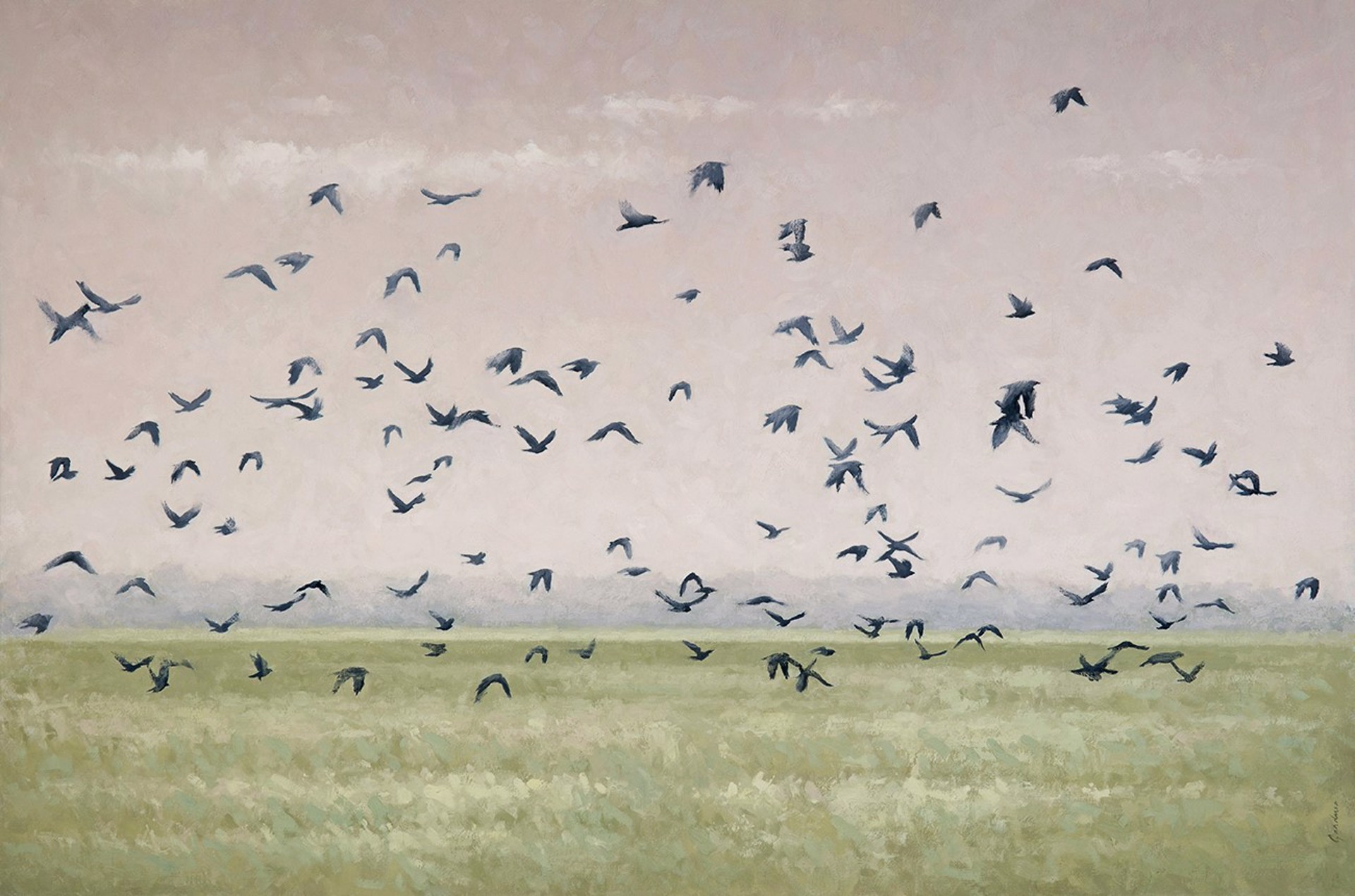 A flock of dark birds takes flight over a flat, grassy plain under a muted sky.