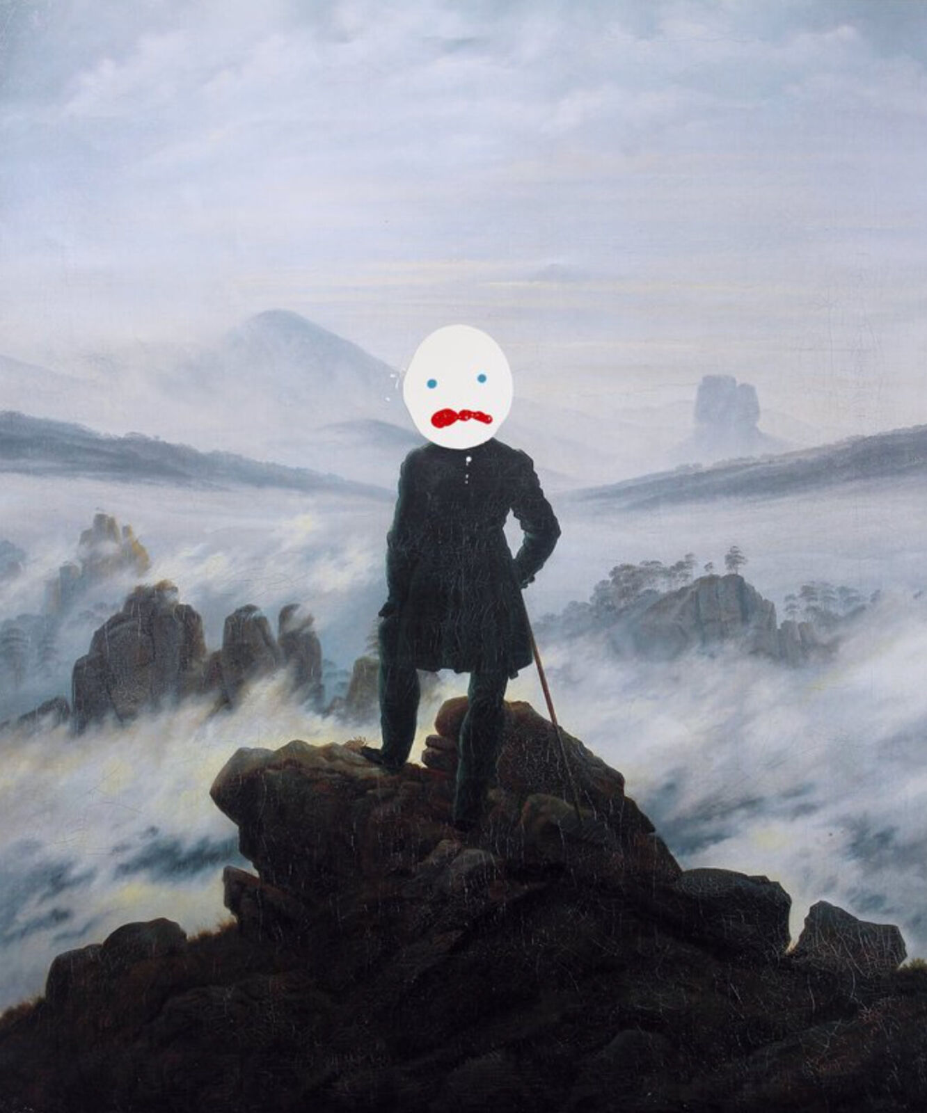 A painting of a man standing on top of a mountain.