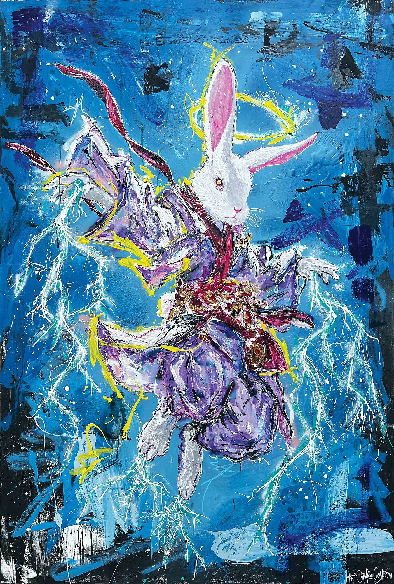 A painting of a white rabbit in a purple dress.