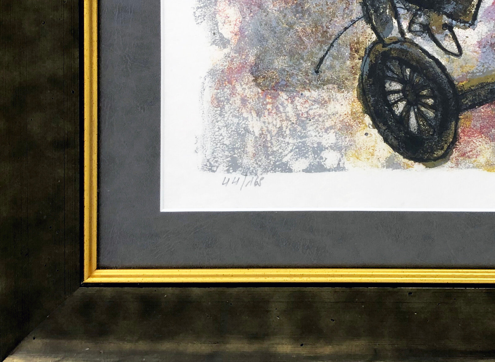 A colorful, abstract print of a figure on a scooter surrounded by whimsical shapes and patterns.
