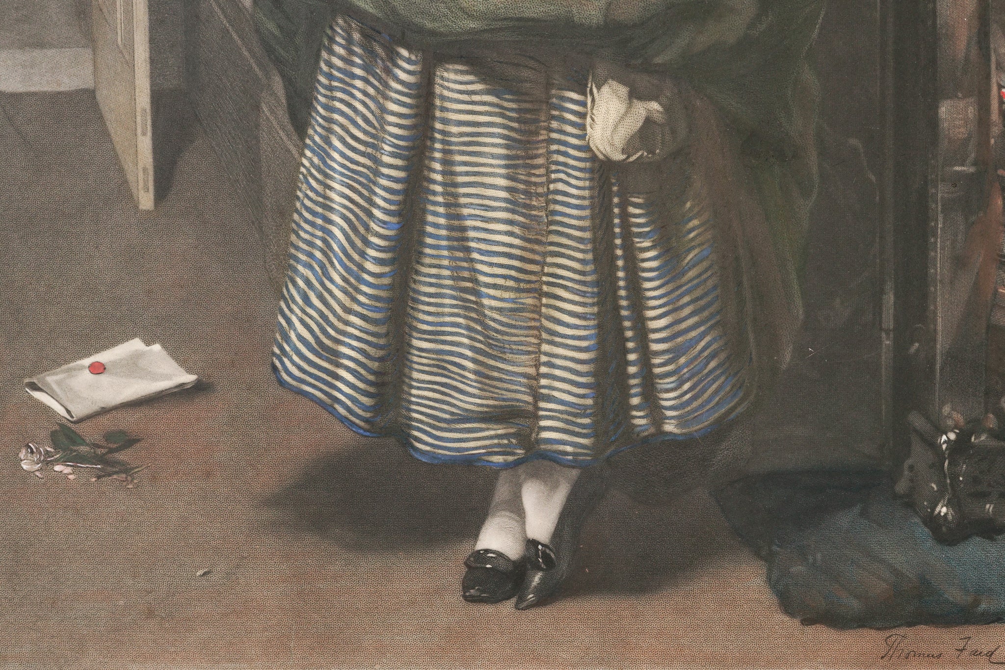 A painting of a woman sitting in front of a fireplace reading a letter.