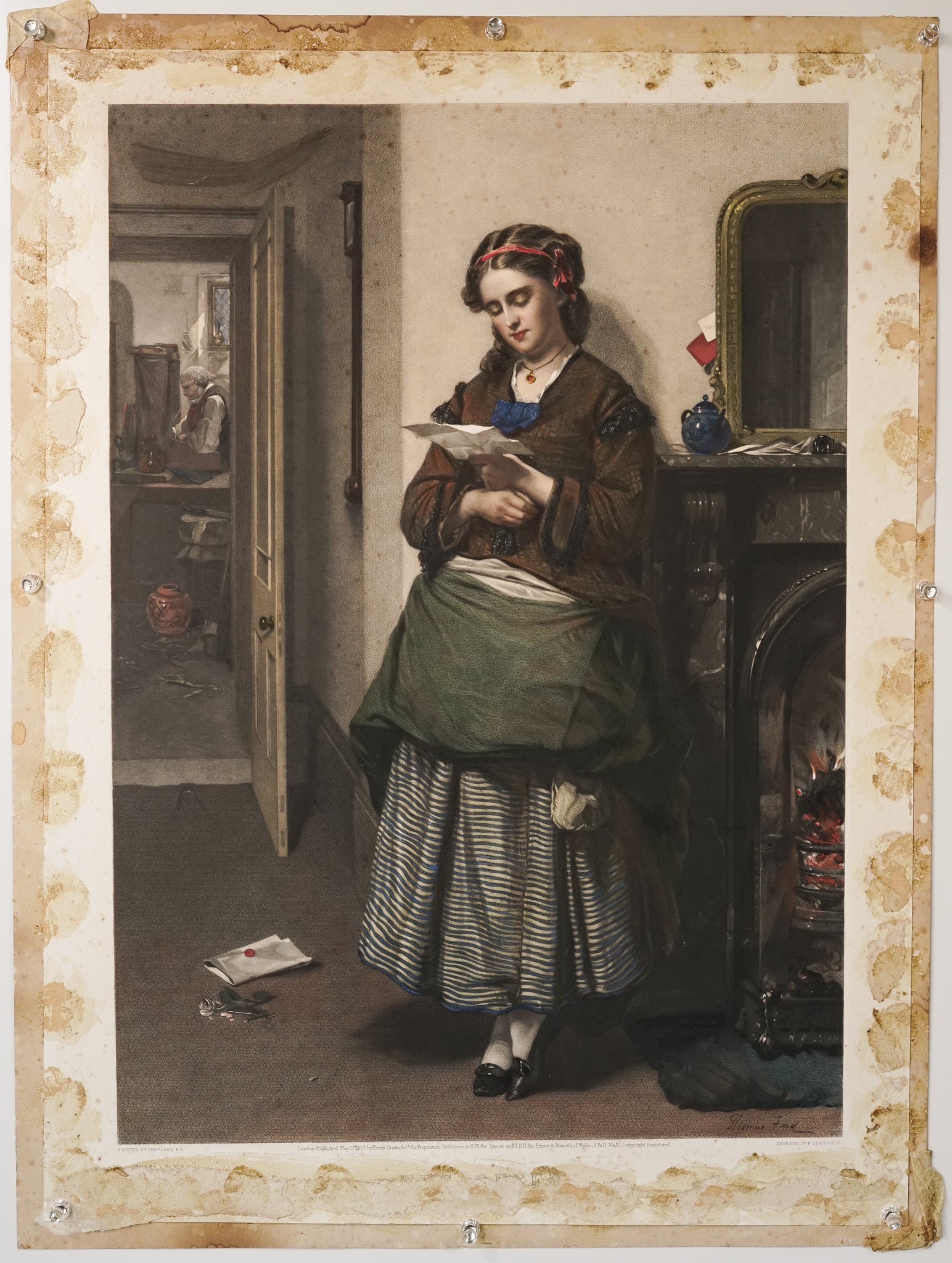 A painting of a woman sitting in front of a fireplace reading a letter.