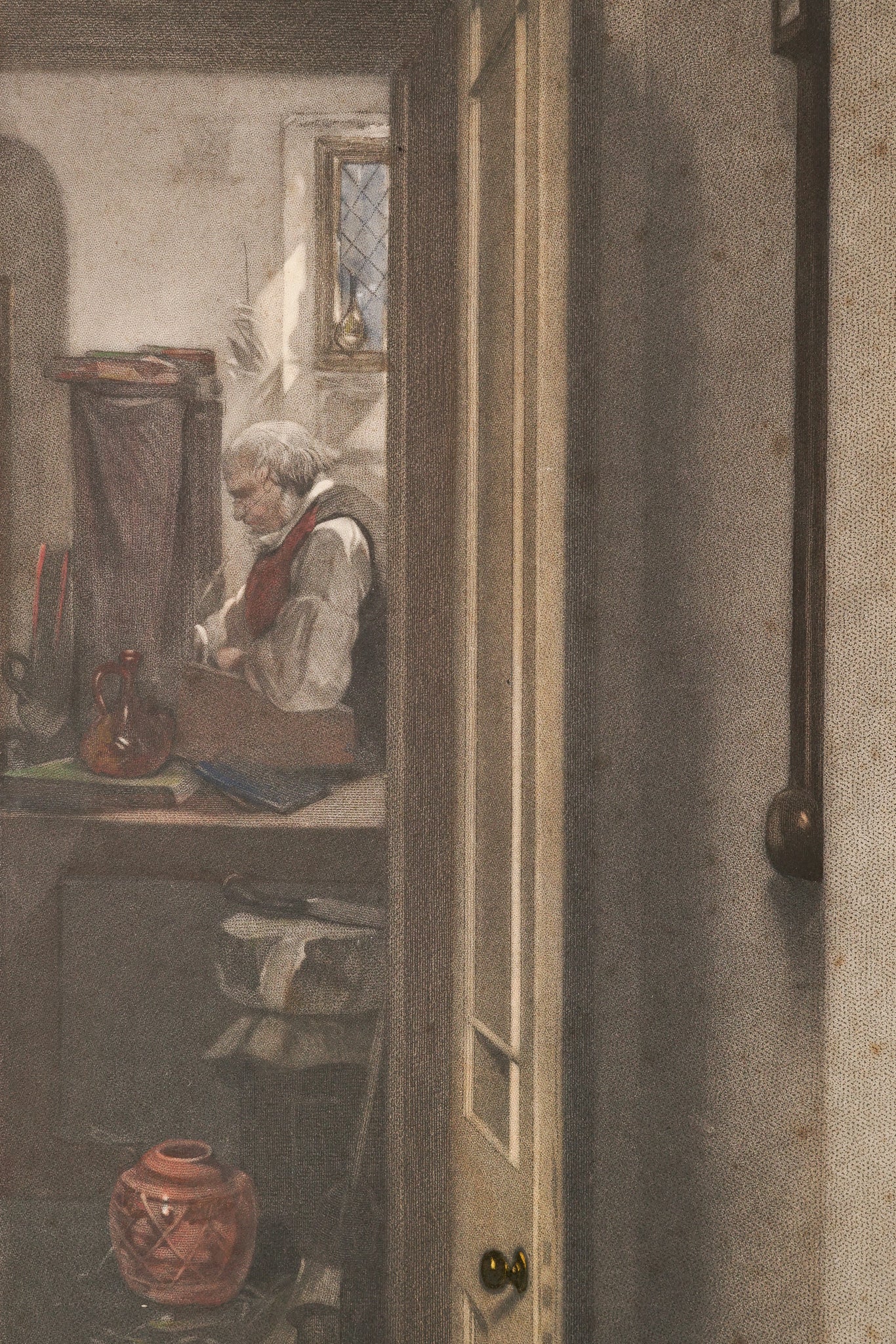 A painting of a woman sitting in front of a fireplace reading a letter.
