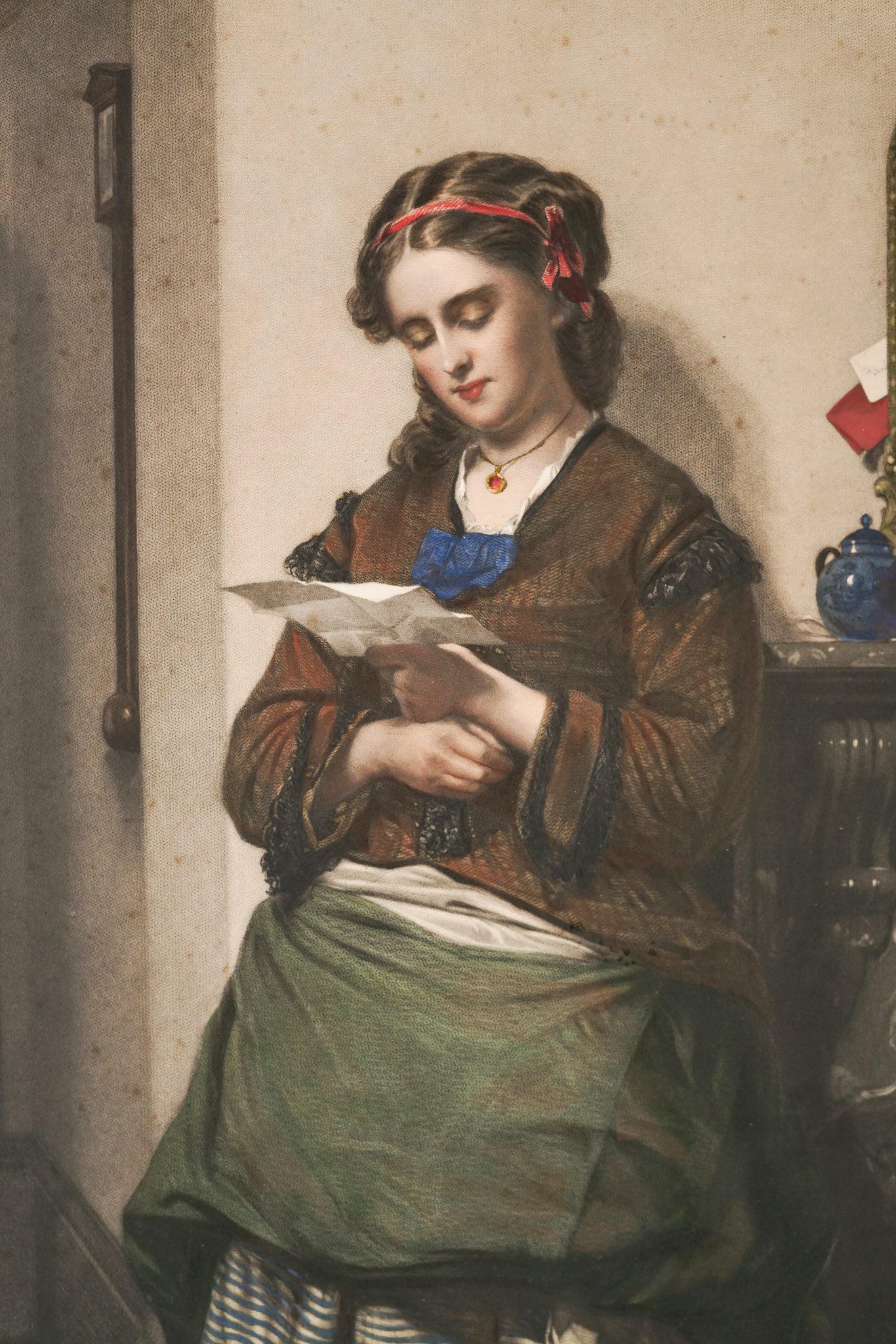 A painting of a woman sitting in front of a fireplace reading a letter.