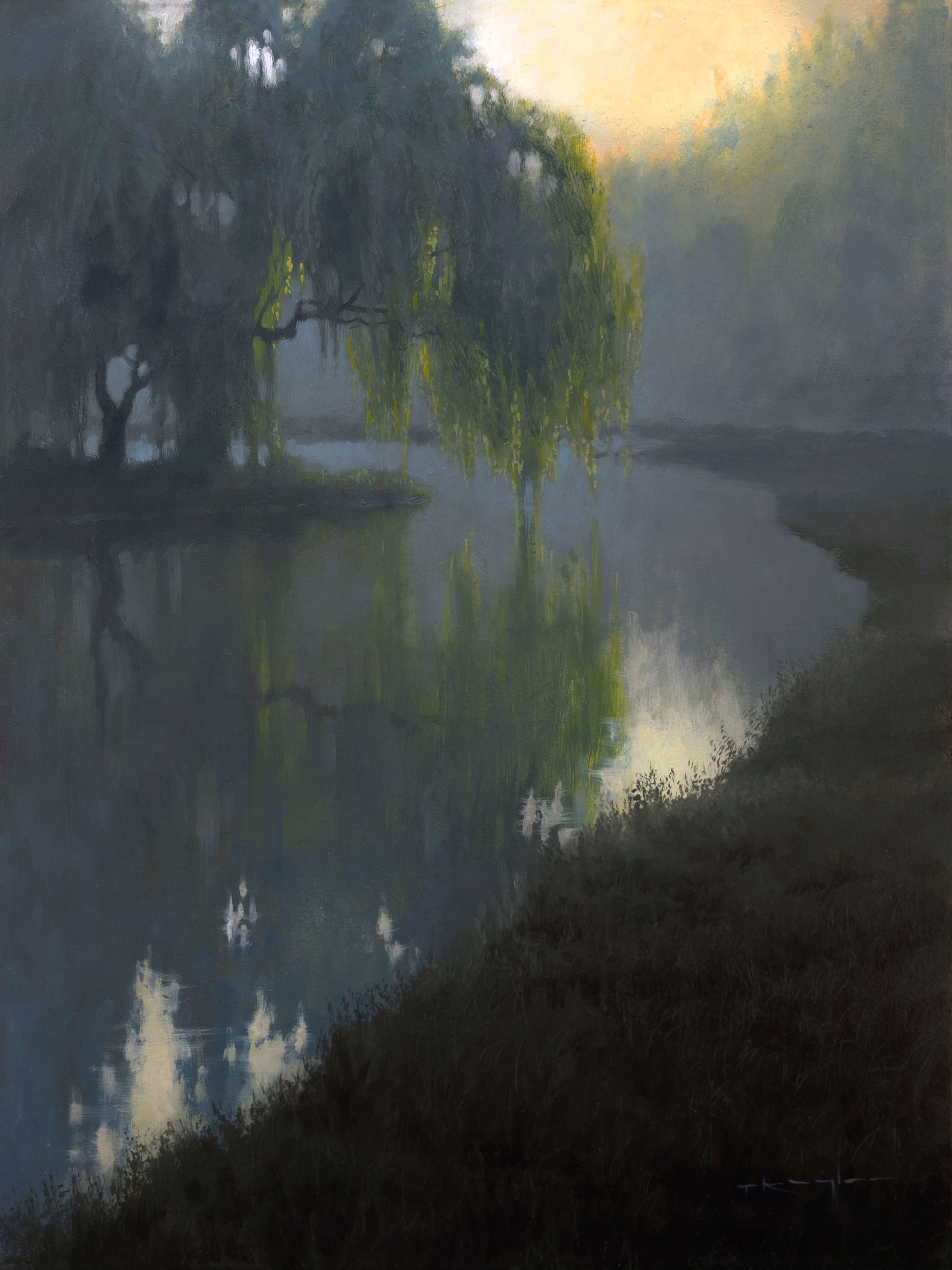 A misty river scene with a weeping willow tree reflecting in calm water under soft morning light.