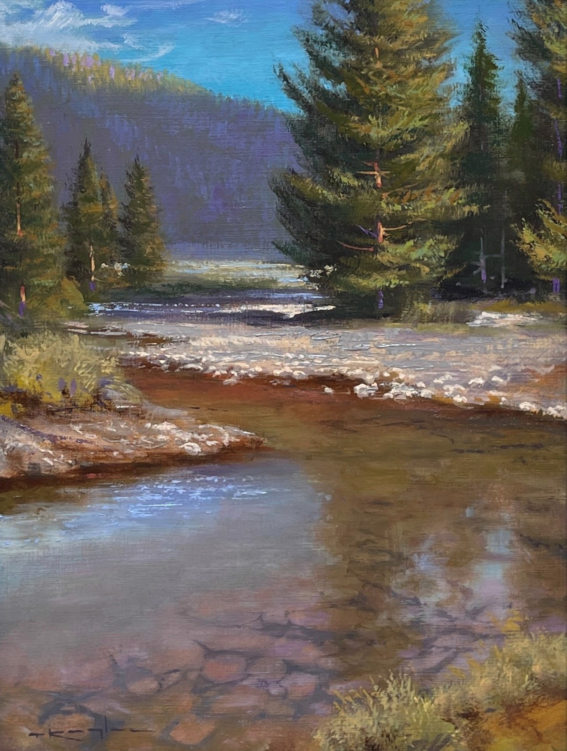 A painting of a river in the middle of a forest.
