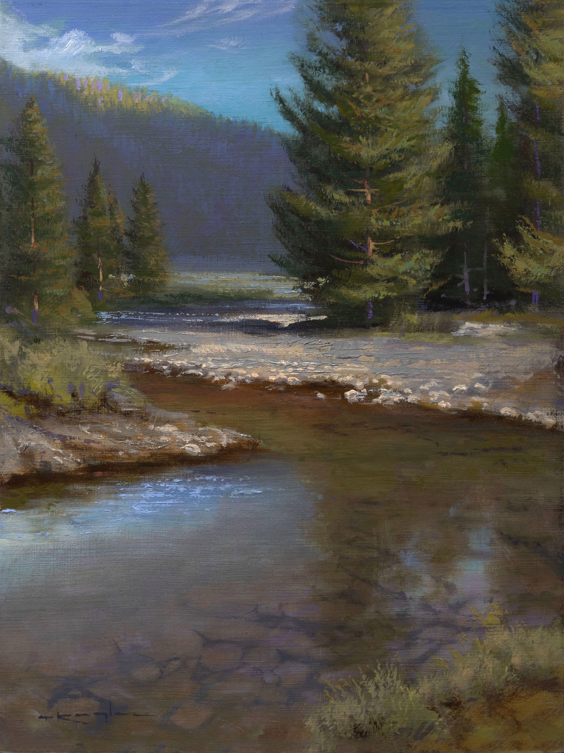 A painting of a river in the middle of a forest.