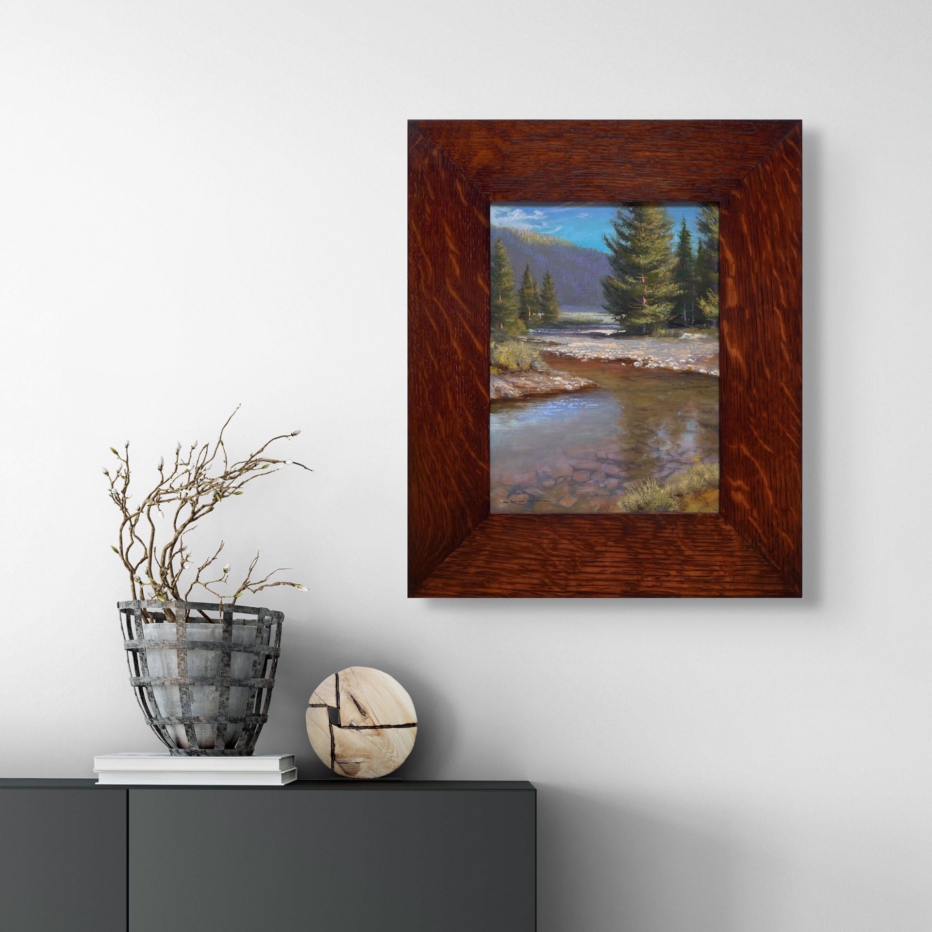 A painting of a river in the middle of a forest.
