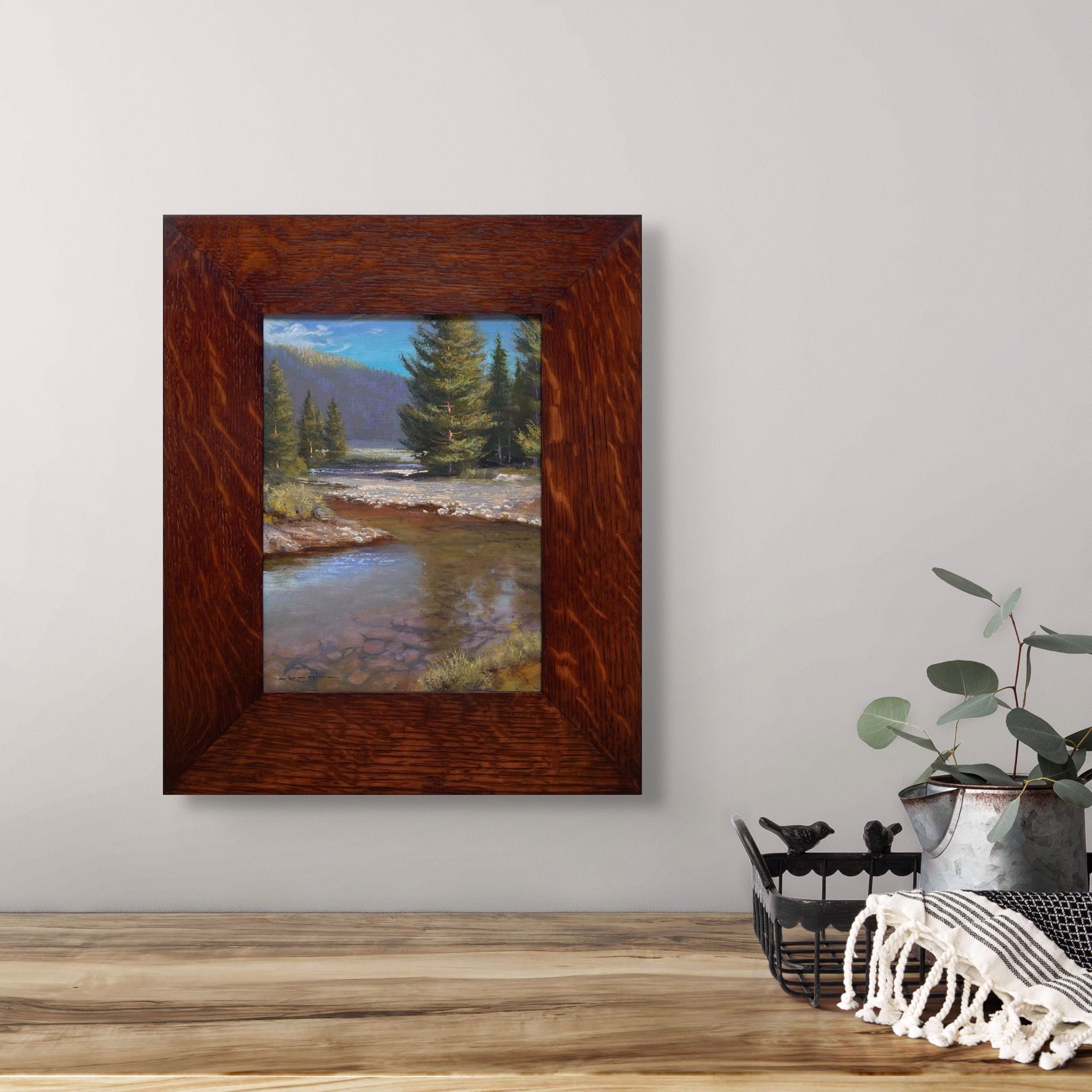 A painting of a river in the middle of a forest.