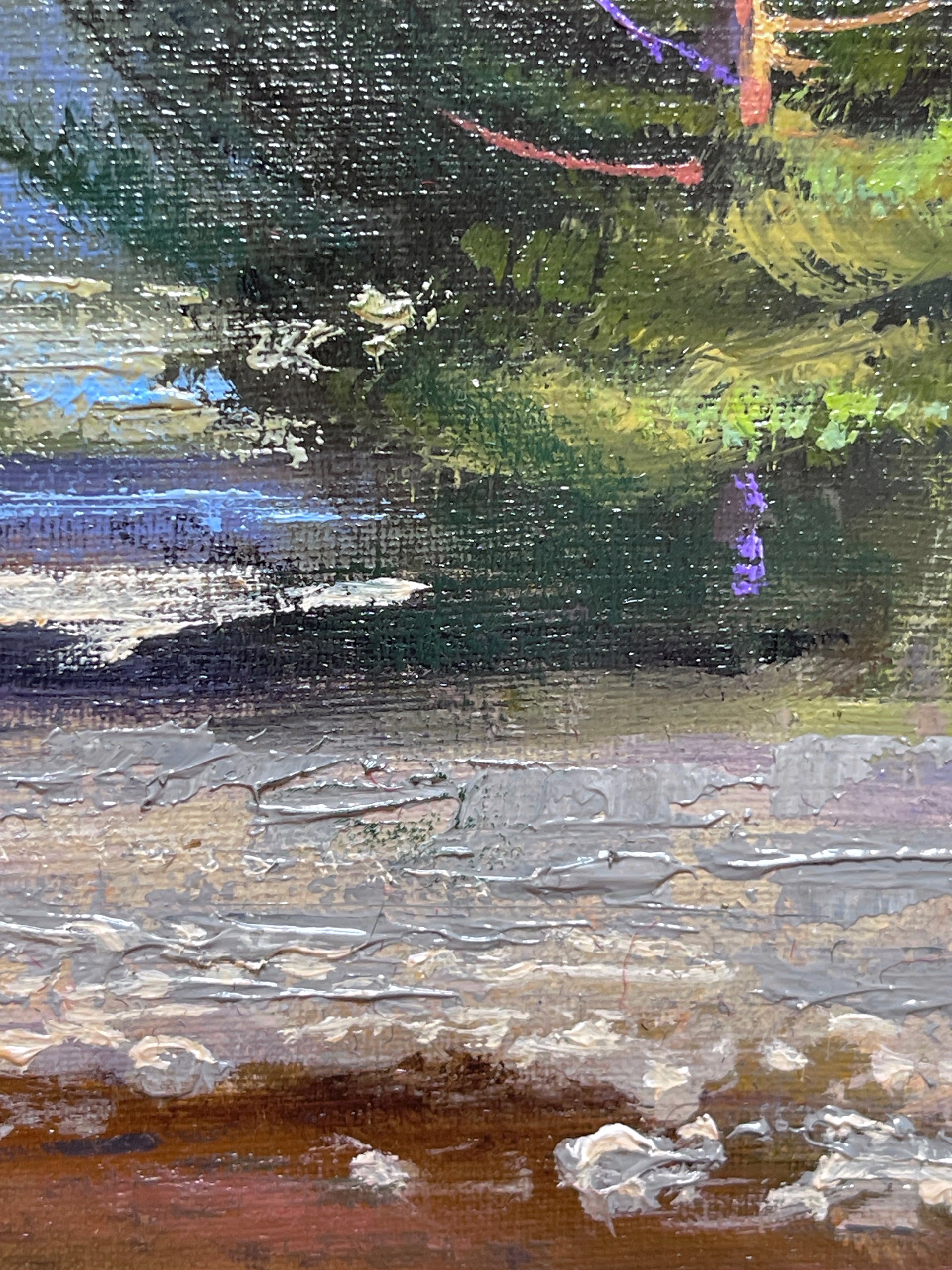 A painting of a river in the middle of a forest.